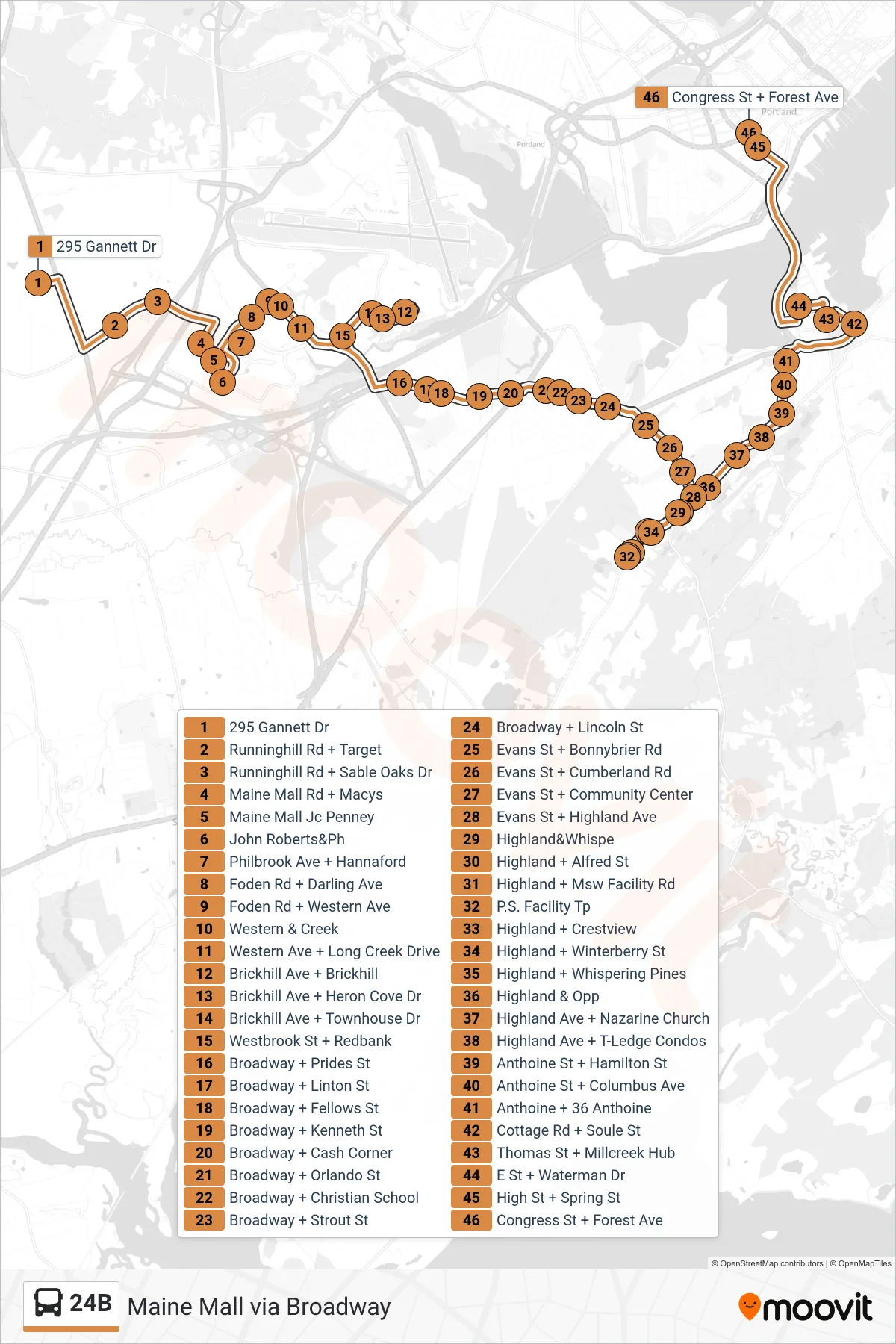 24B bus Line (295 Gannett Dr‎→Congress St + Forest Ave) route and stops on a map