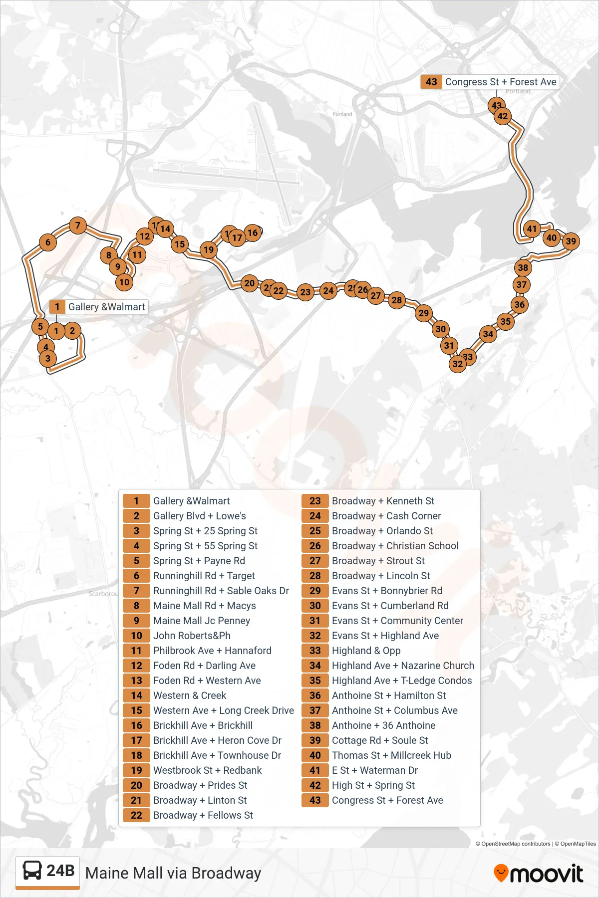 24B bus Line (Gallery &Walmart→Congress St + Forest Ave) route and stops on a map