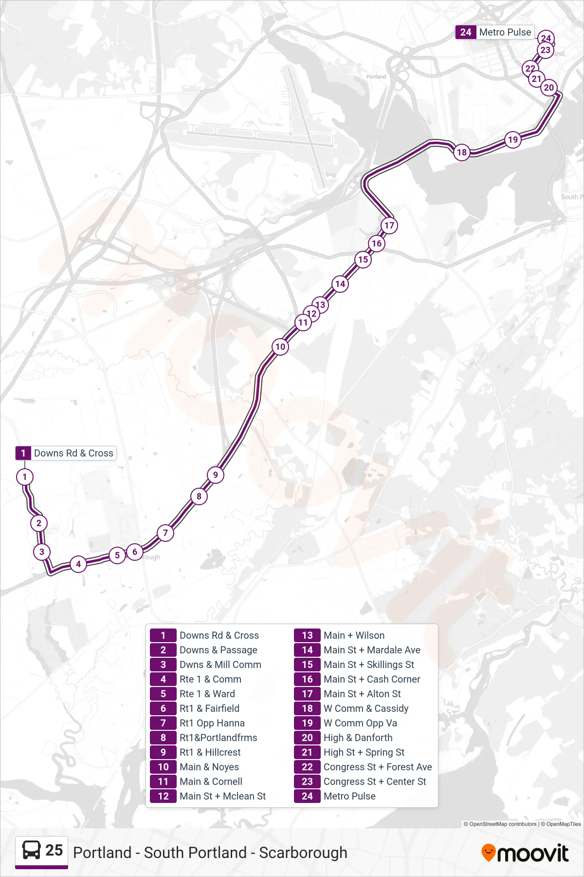 25 bus Line (Downs Rd & Cross→Metro Pulse) route and stops on a map