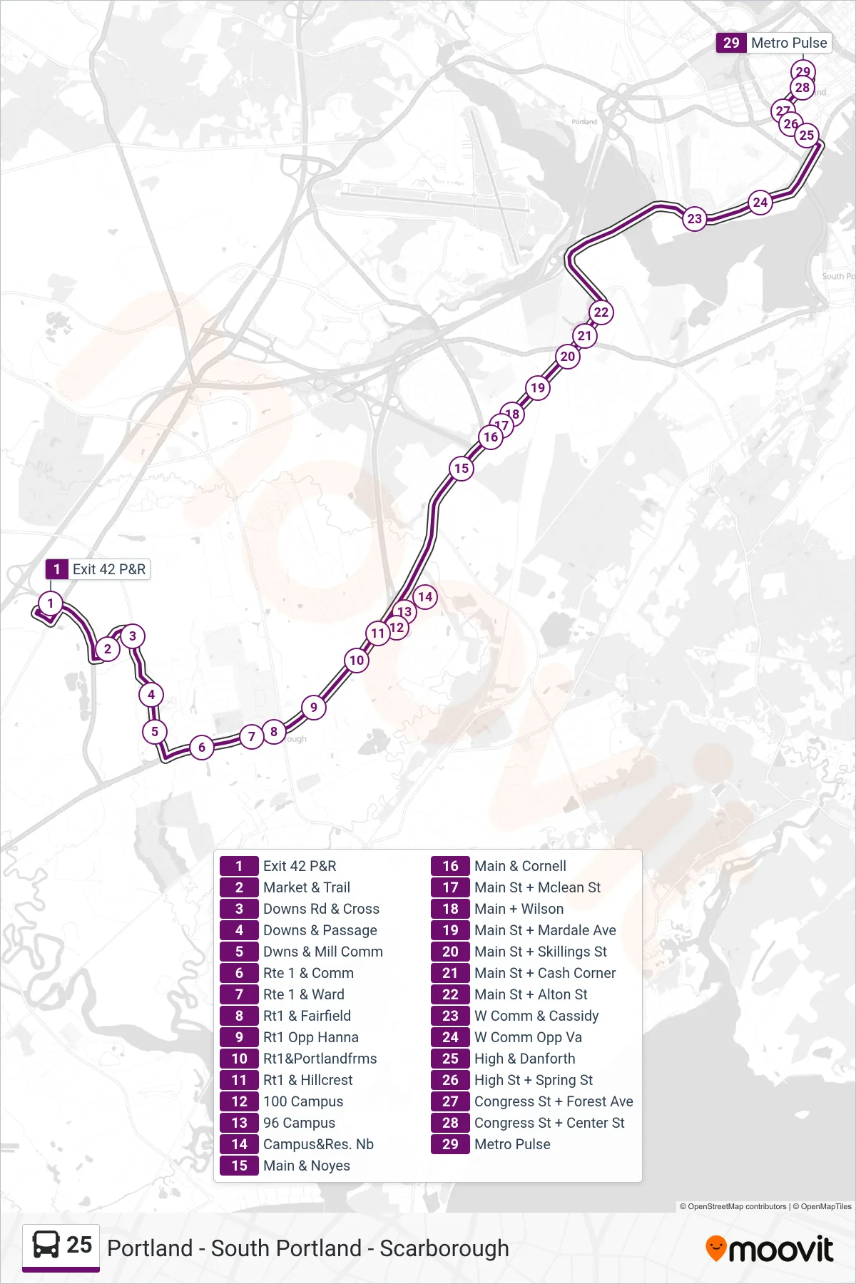25 bus Line (Exit 42 P&R→Metro Pulse) route and stops on a map