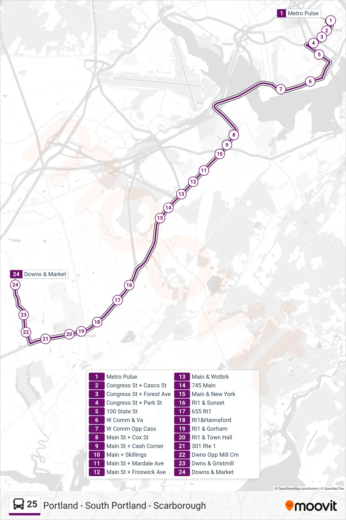 25 bus Line (Metro Pulse→Downs & Market) route and stops on a map