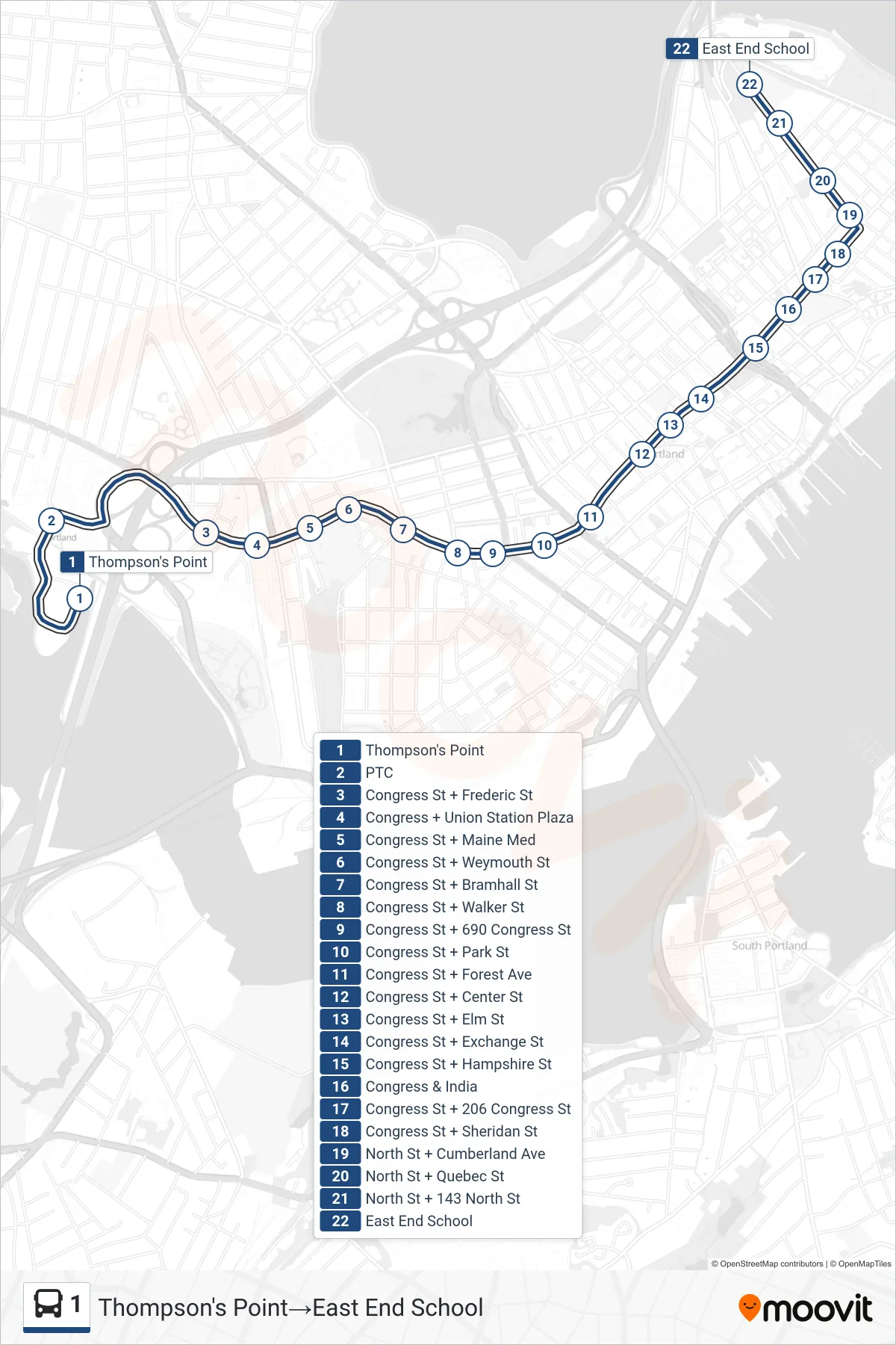 1 bus Line (Thompson's Point‎→East End School) route and stops on a map