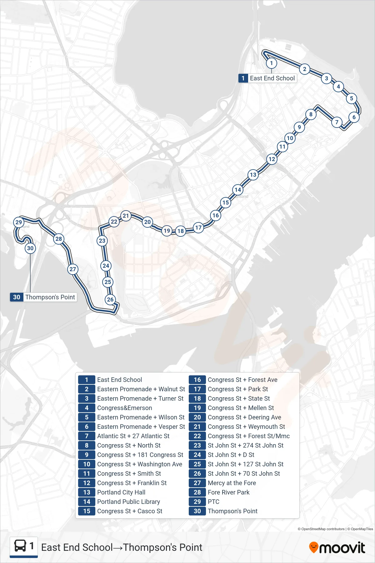 1 bus Line (East End School‎→Thompson's Point) route and stops on a map