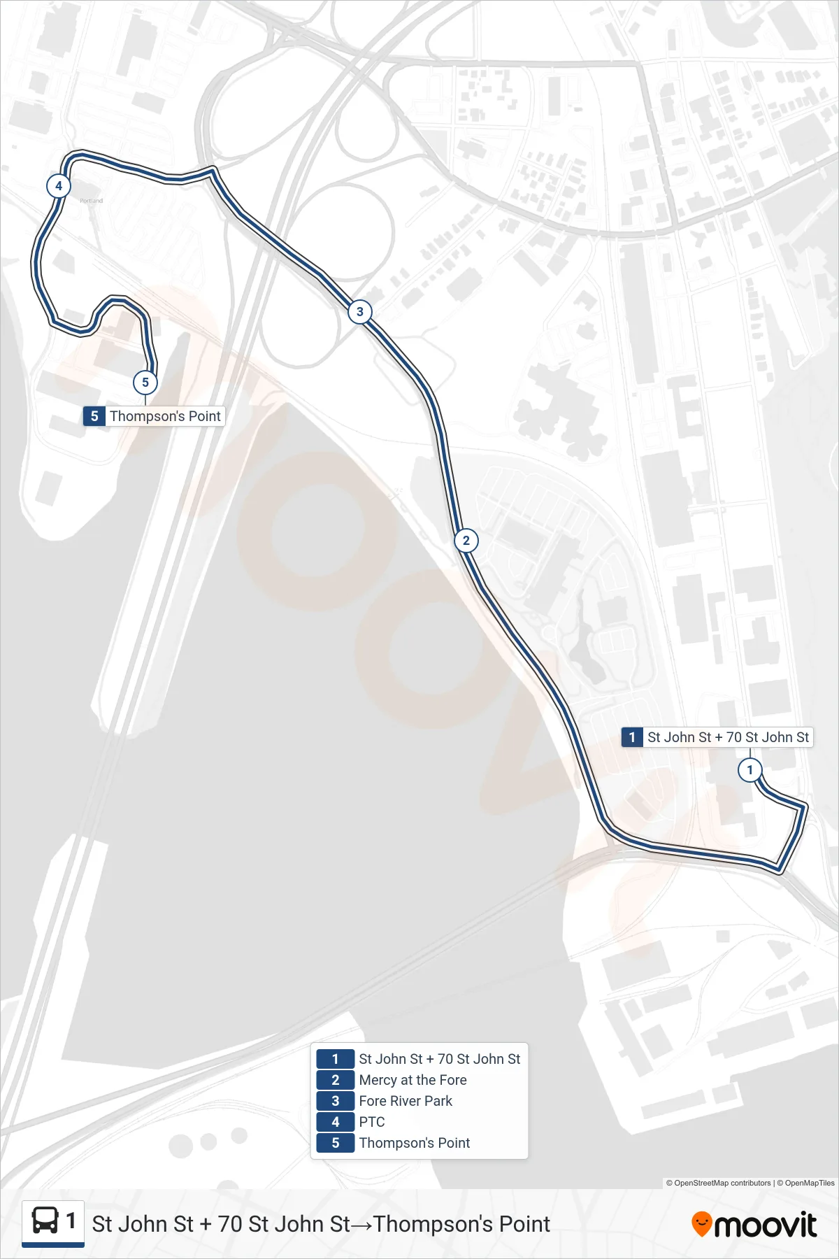 1 bus Line (St John St + 70 St John St‎→Thompson's Point) route and stops on a map
