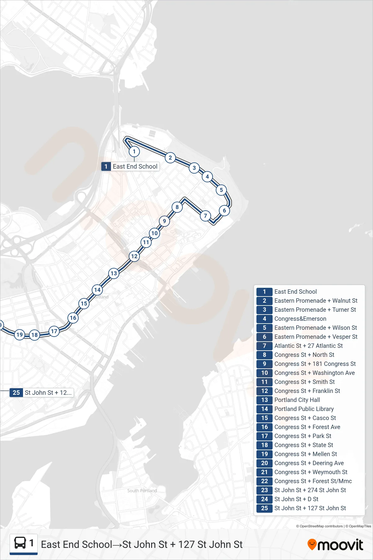 1 bus Line (East End School→St John St + 127 St John St) route and stops on a map