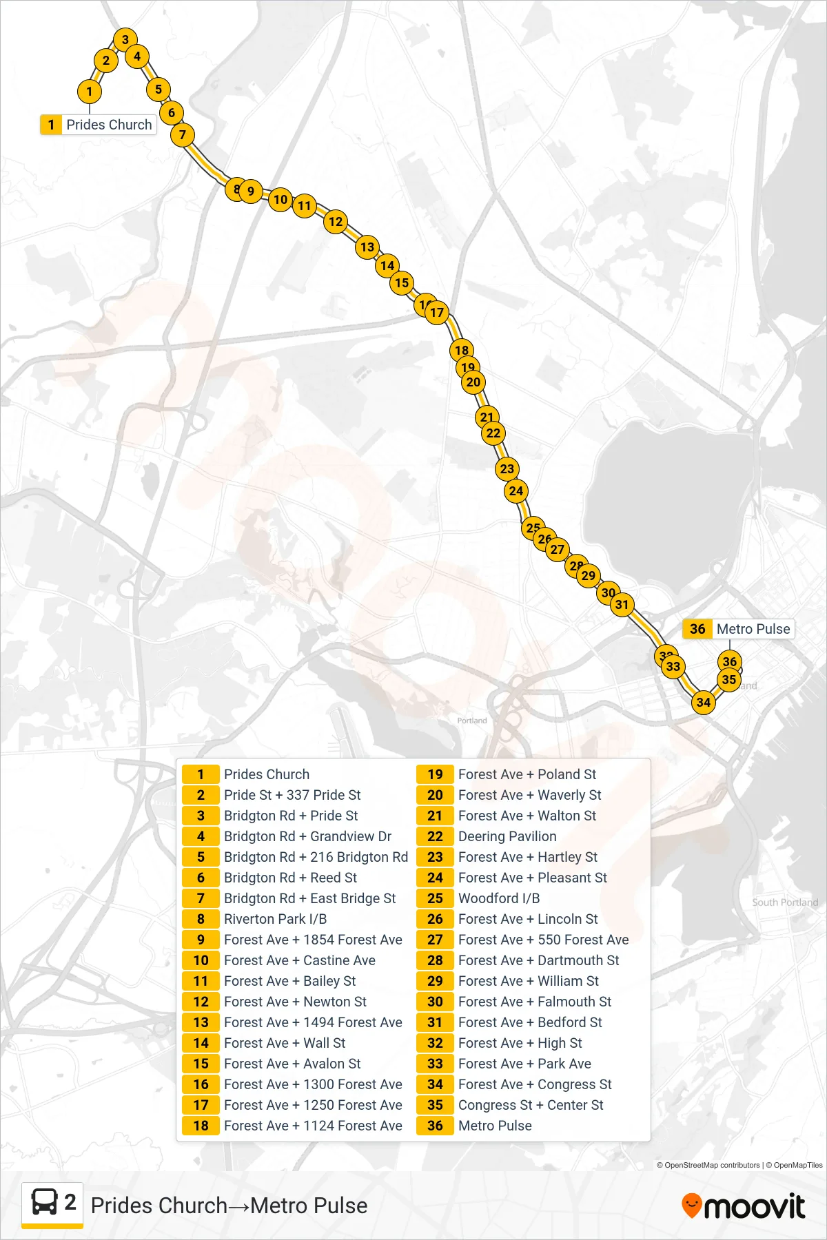 2 bus Line (Prides Church‎→Metro Pulse) route and stops on a map