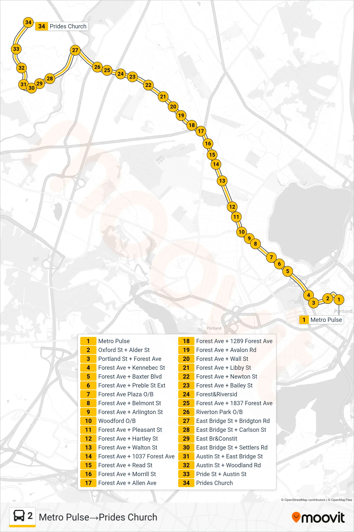 2 bus Line (Metro Pulse→Prides Church) route and stops on a map
