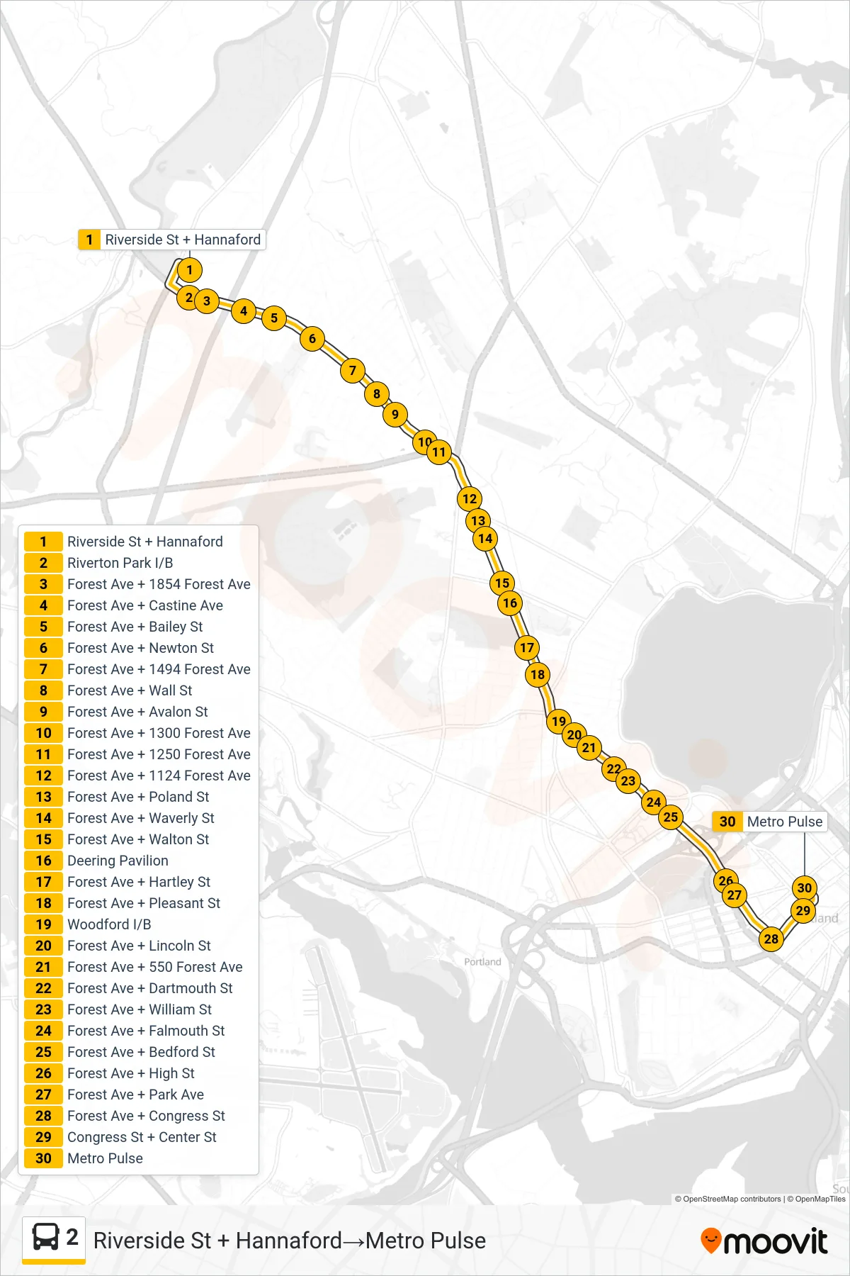 2 bus Line (Riverside St + Hannaford→Metro Pulse) route and stops on a map