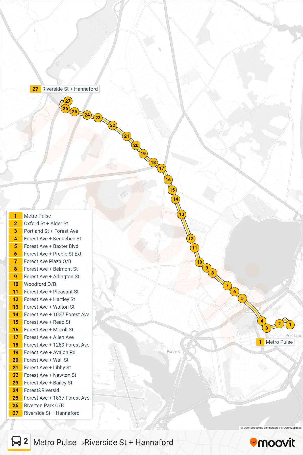 2 bus Line (Metro Pulse→Riverside St + Hannaford) route and stops on a map