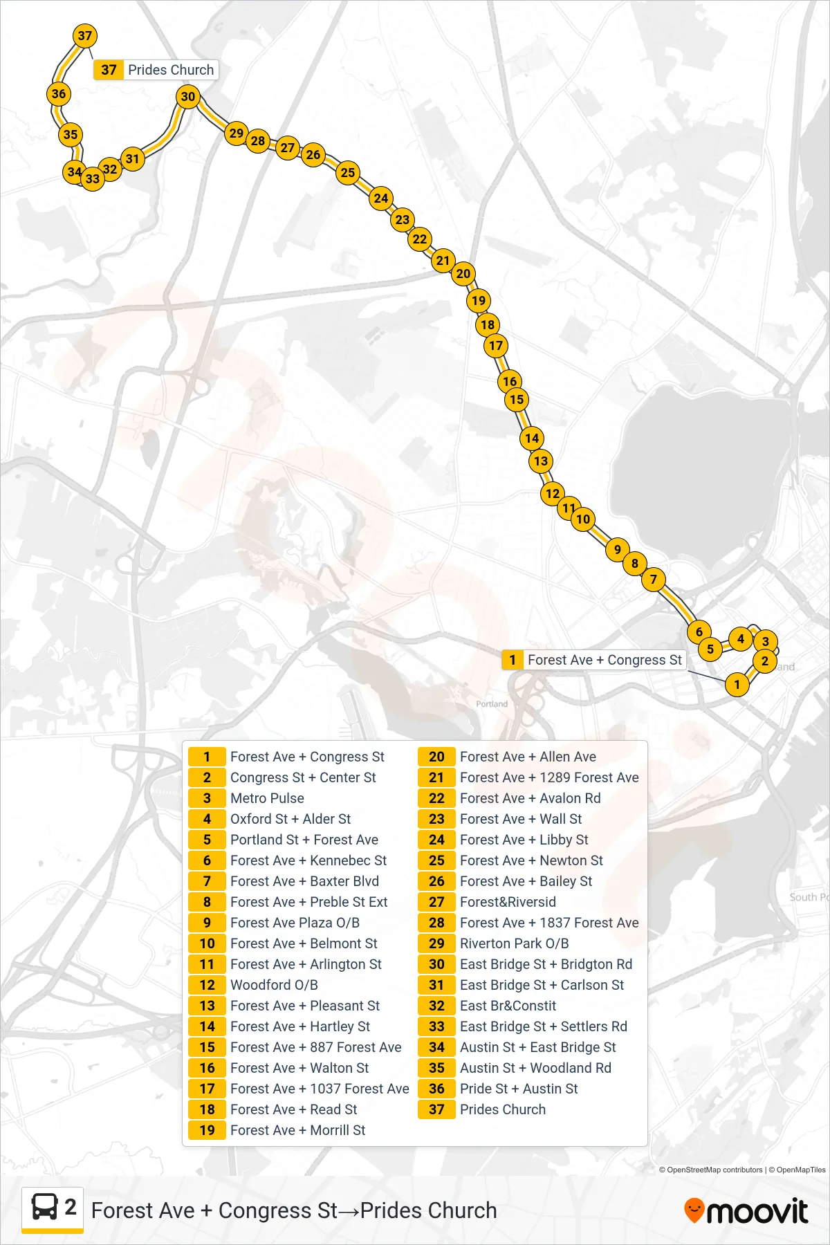 2 bus Line (Forest Ave + Congress St→Prides Church) route and stops on a map