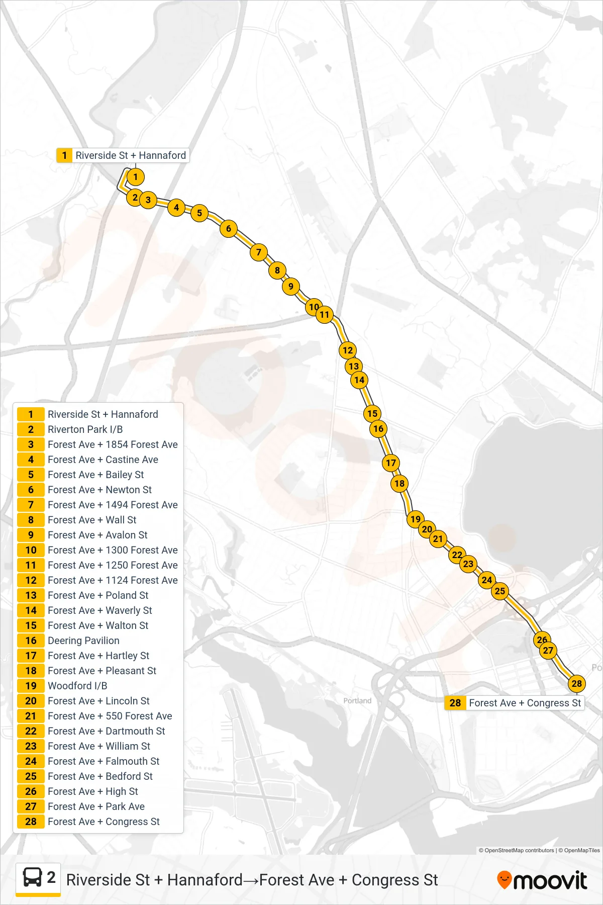 2 bus Line (Riverside St + Hannaford‎→Forest Ave + Congress St) route and stops on a map