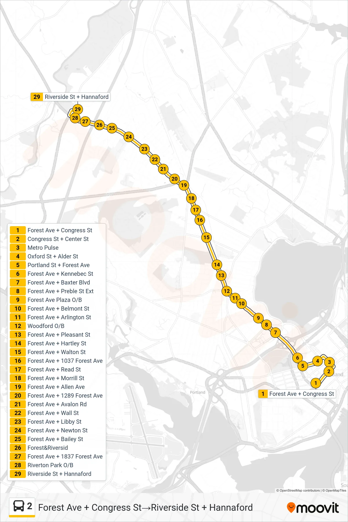 2 bus Line (Forest Ave + Congress St→Riverside St + Hannaford) route and stops on a map