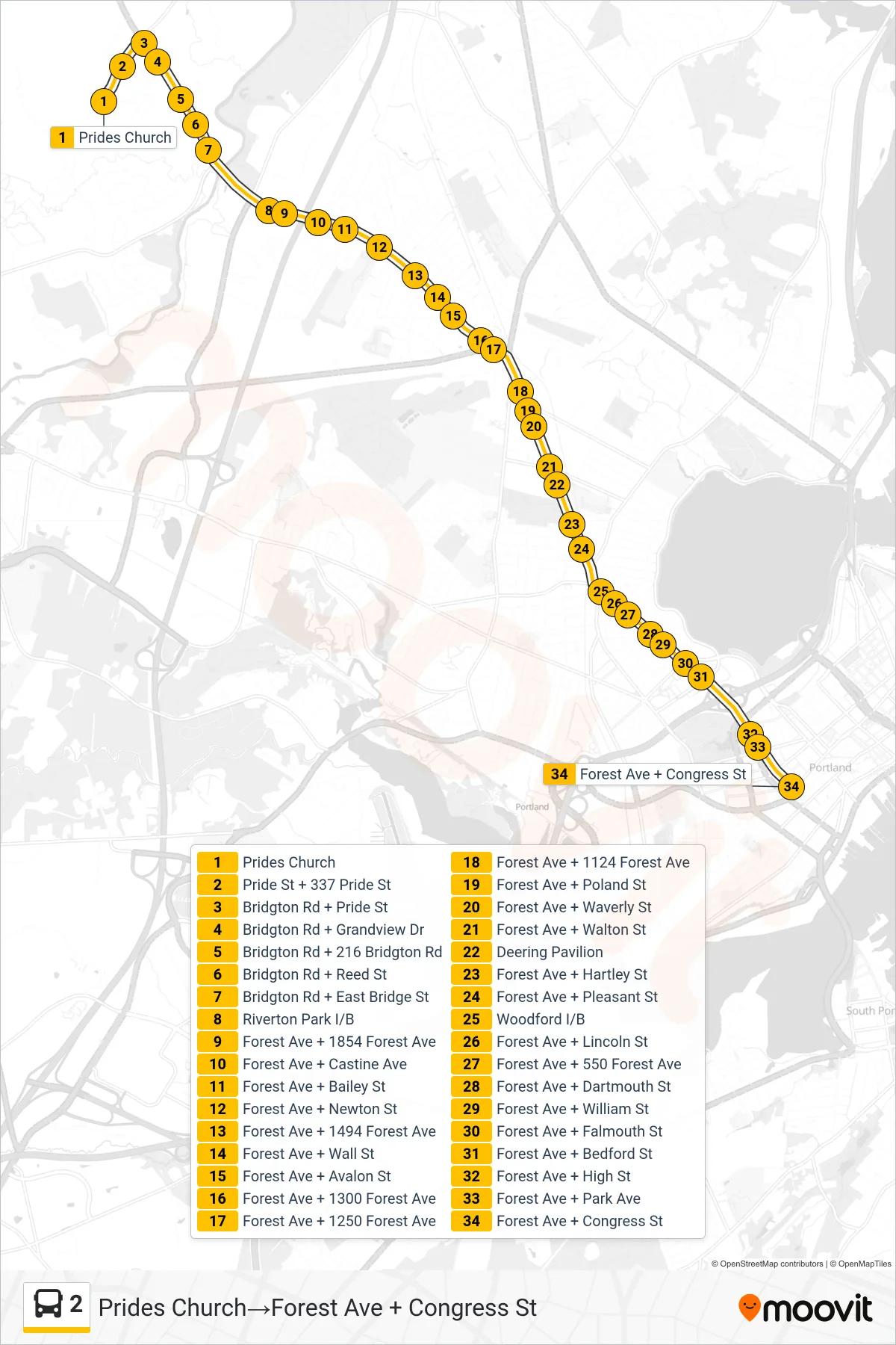 2 bus Line (Prides Church→Forest Ave + Congress St) route and stops on a map