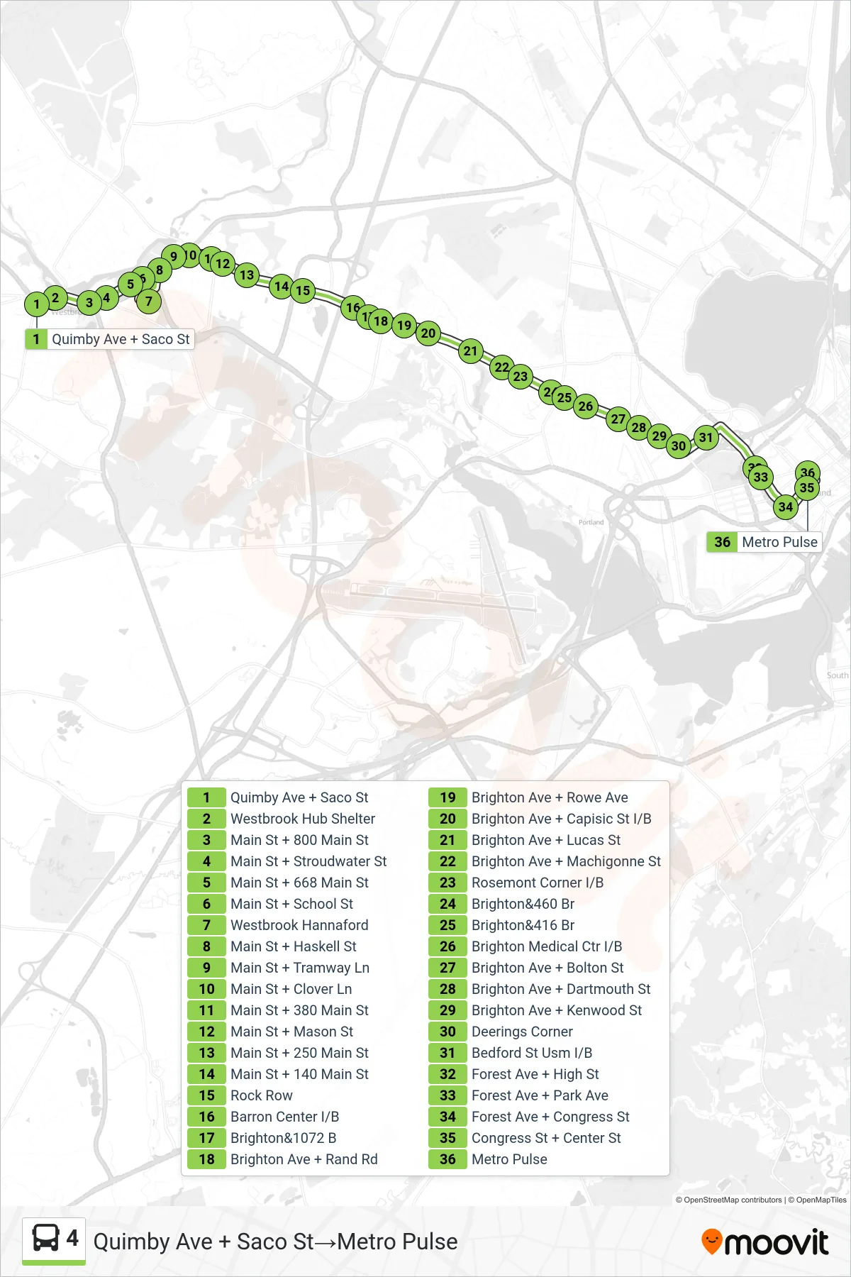 4 bus Line (Quimby Ave + Saco St→Metro Pulse) route and stops on a map