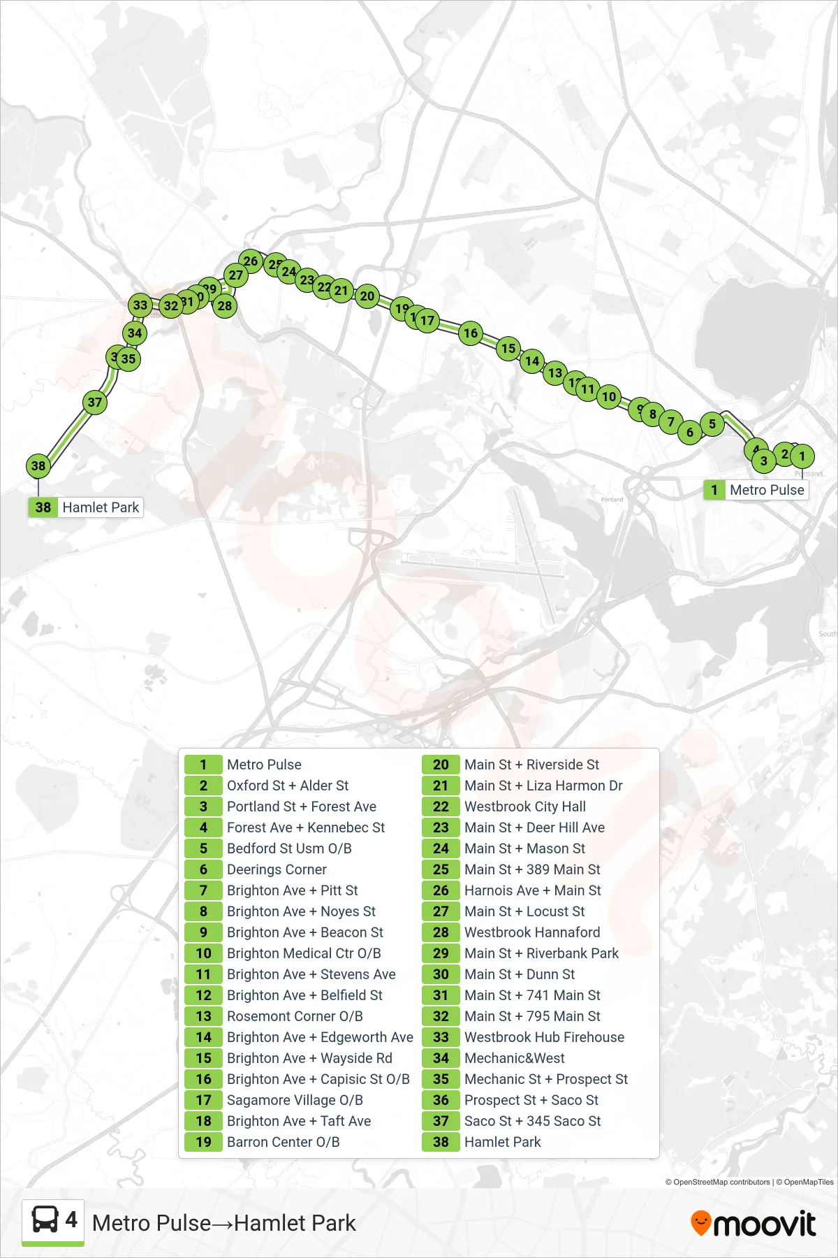 4 bus Line (Metro Pulse→Hamlet Park) route and stops on a map