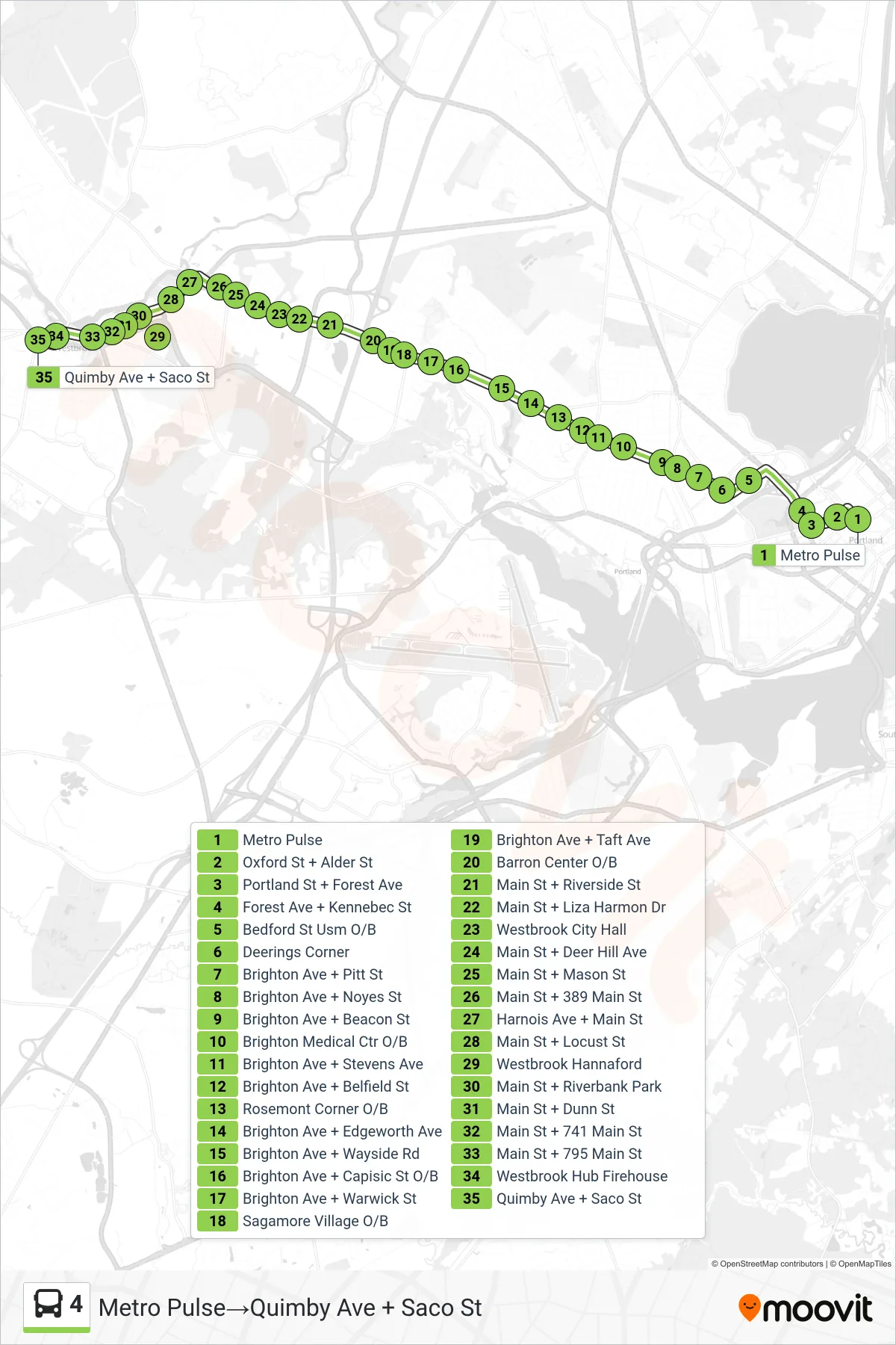 4 bus Line (Metro Pulse‎→Quimby Ave + Saco St) route and stops on a map