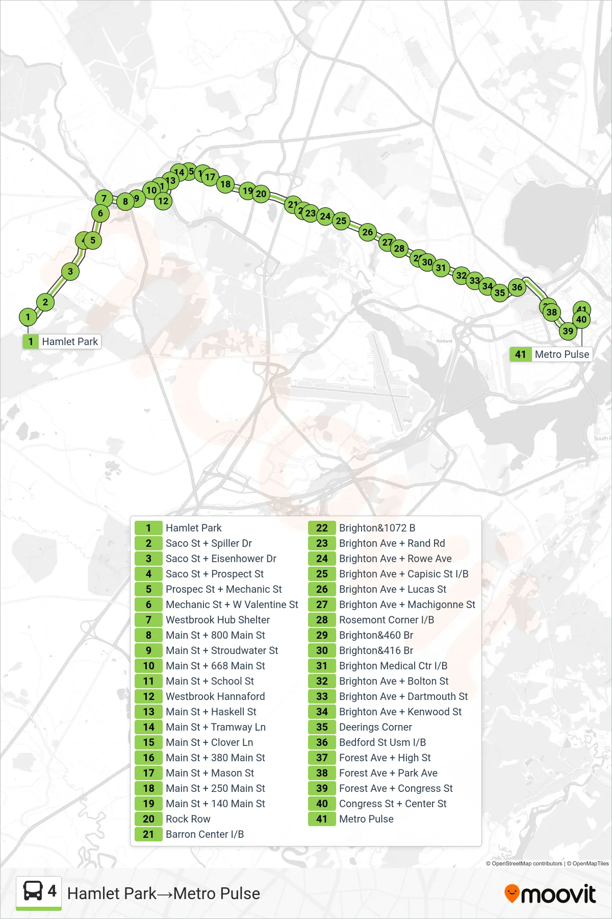 4 bus Line (Hamlet Park‎→Metro Pulse) route and stops on a map