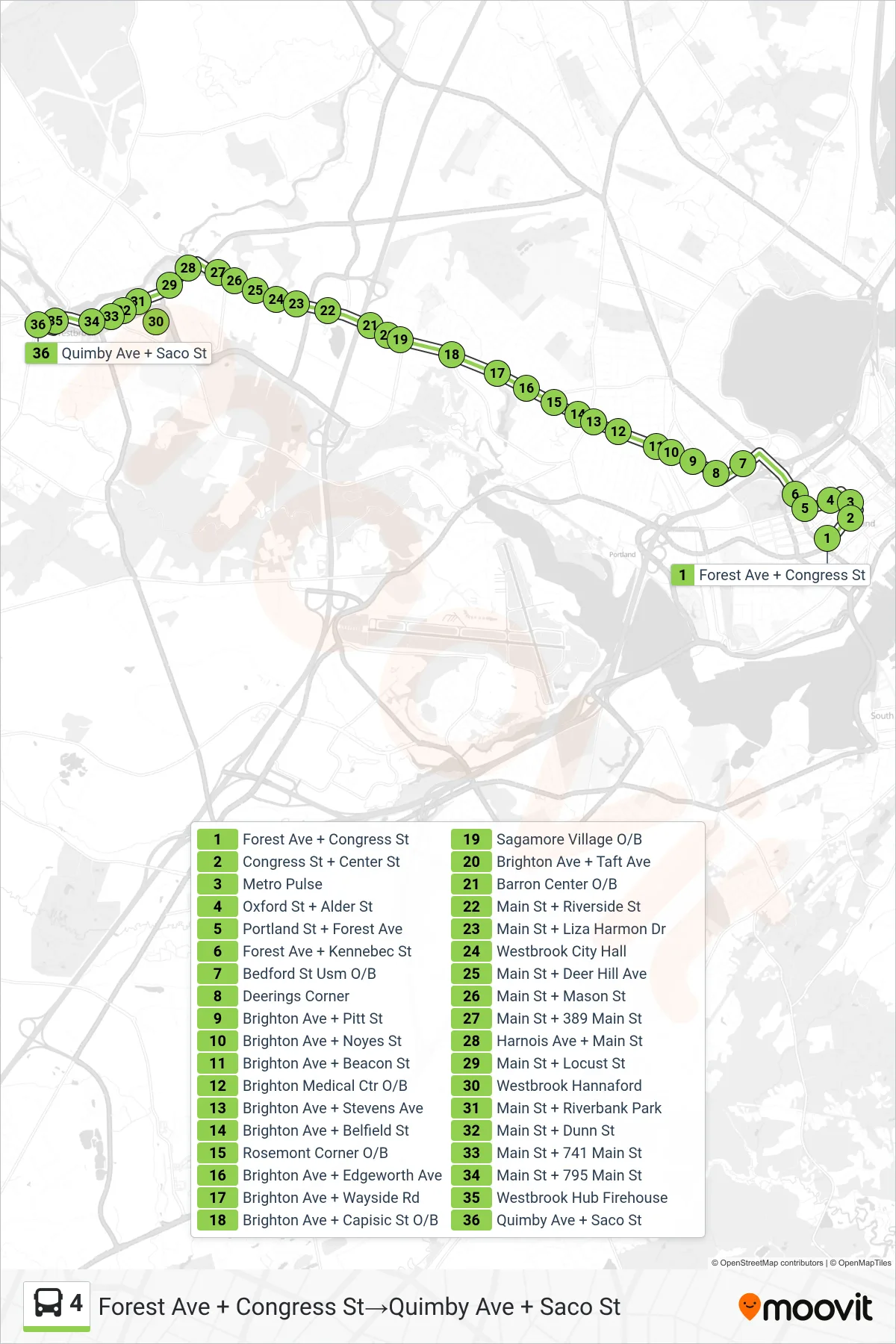 4 bus Line (Forest Ave + Congress St→Quimby Ave + Saco St) route and stops on a map