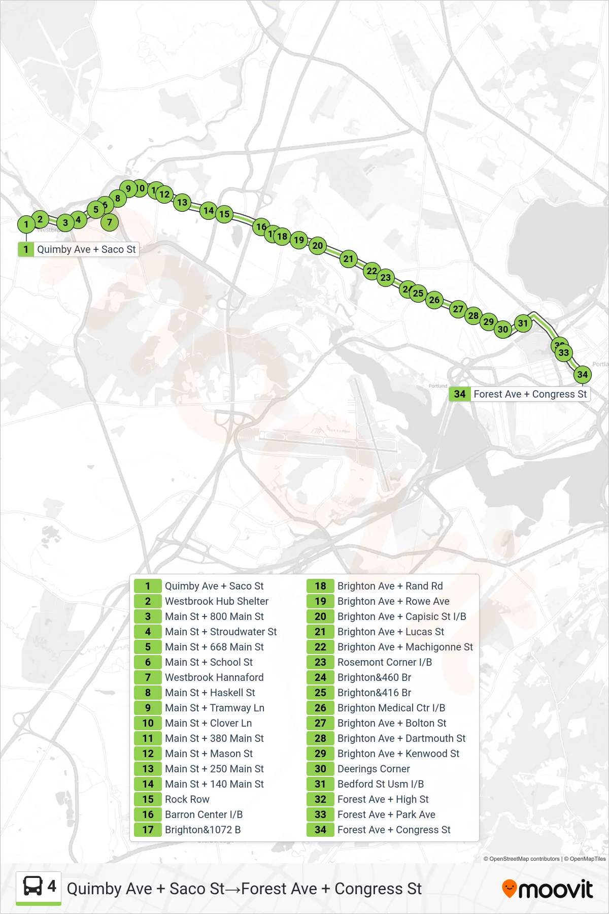 4 bus Line (Quimby Ave + Saco St→Forest Ave + Congress St) route and stops on a map