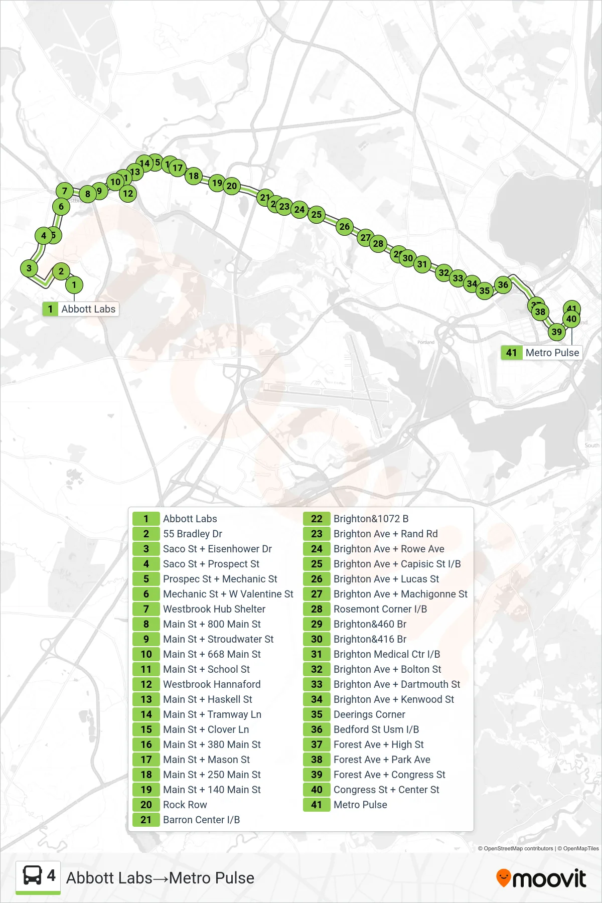4 bus Line (Abbott Labs‎→Metro Pulse) route and stops on a map