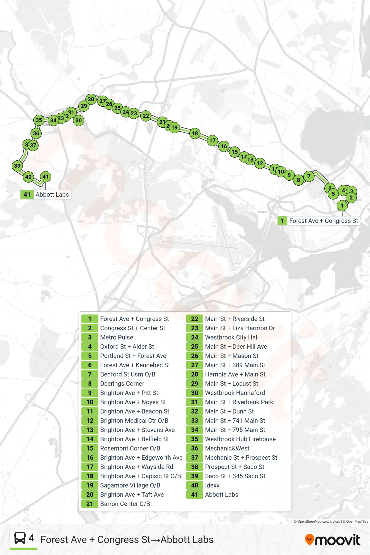 4 bus Line (Forest Ave + Congress St→Abbott Labs) route and stops on a map