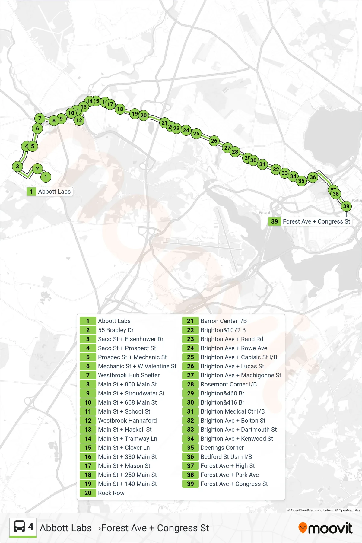 4 bus Line (Abbott Labs→Forest Ave + Congress St) route and stops on a map