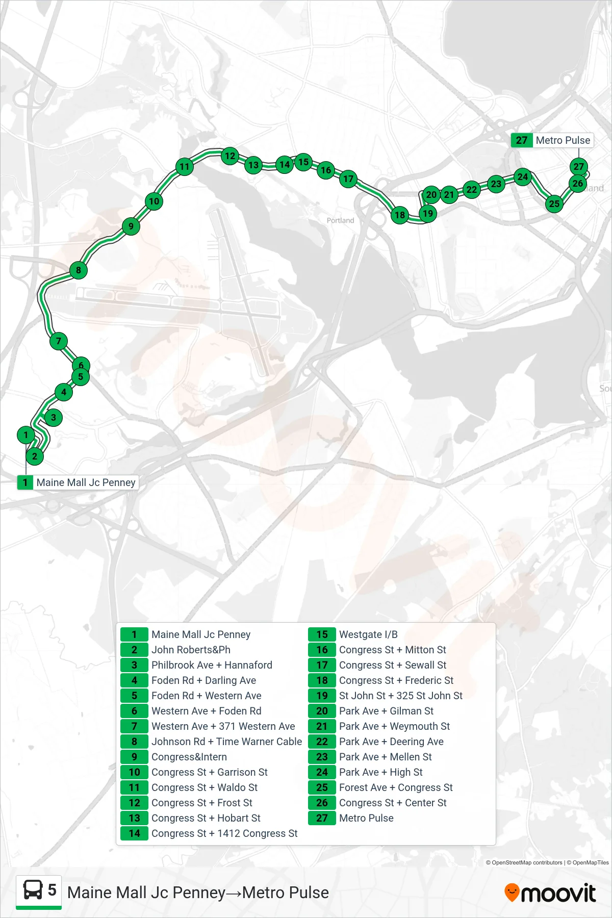 5 bus Line (Maine Mall Jc Penney‎→Metro Pulse) route and stops on a map