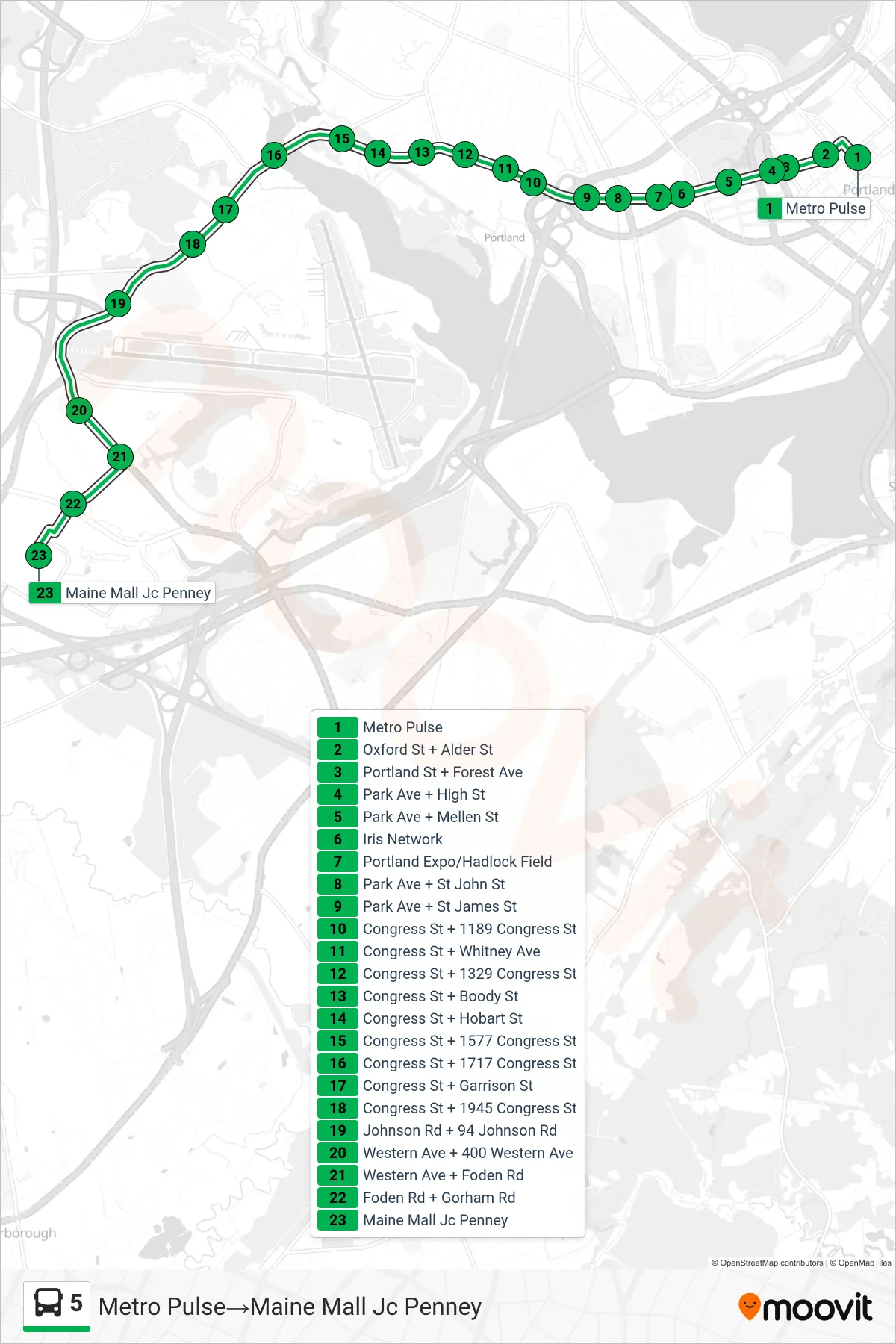 5 bus Line (Metro Pulse‎→Maine Mall Jc Penney) route and stops on a map