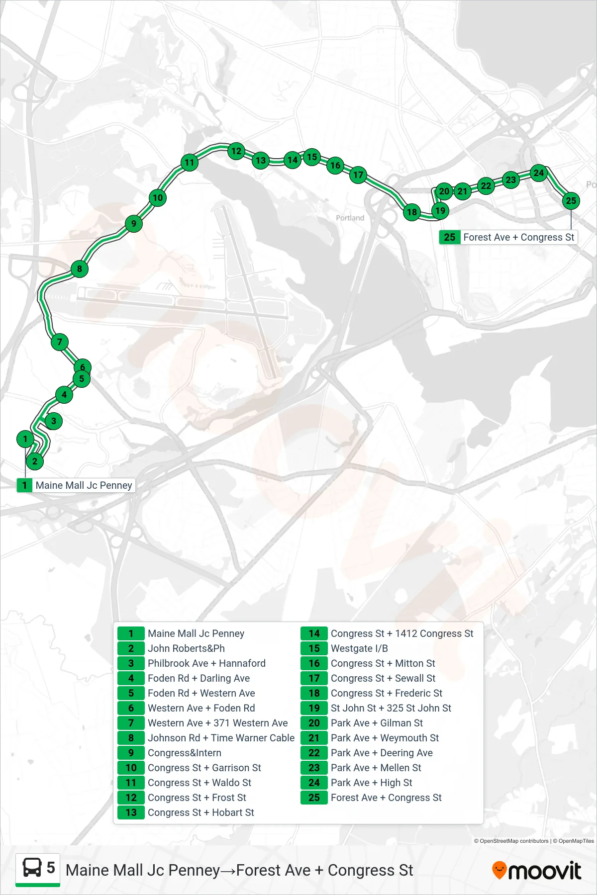 5 bus Line (Maine Mall Jc Penney→Forest Ave + Congress St) route and stops on a map