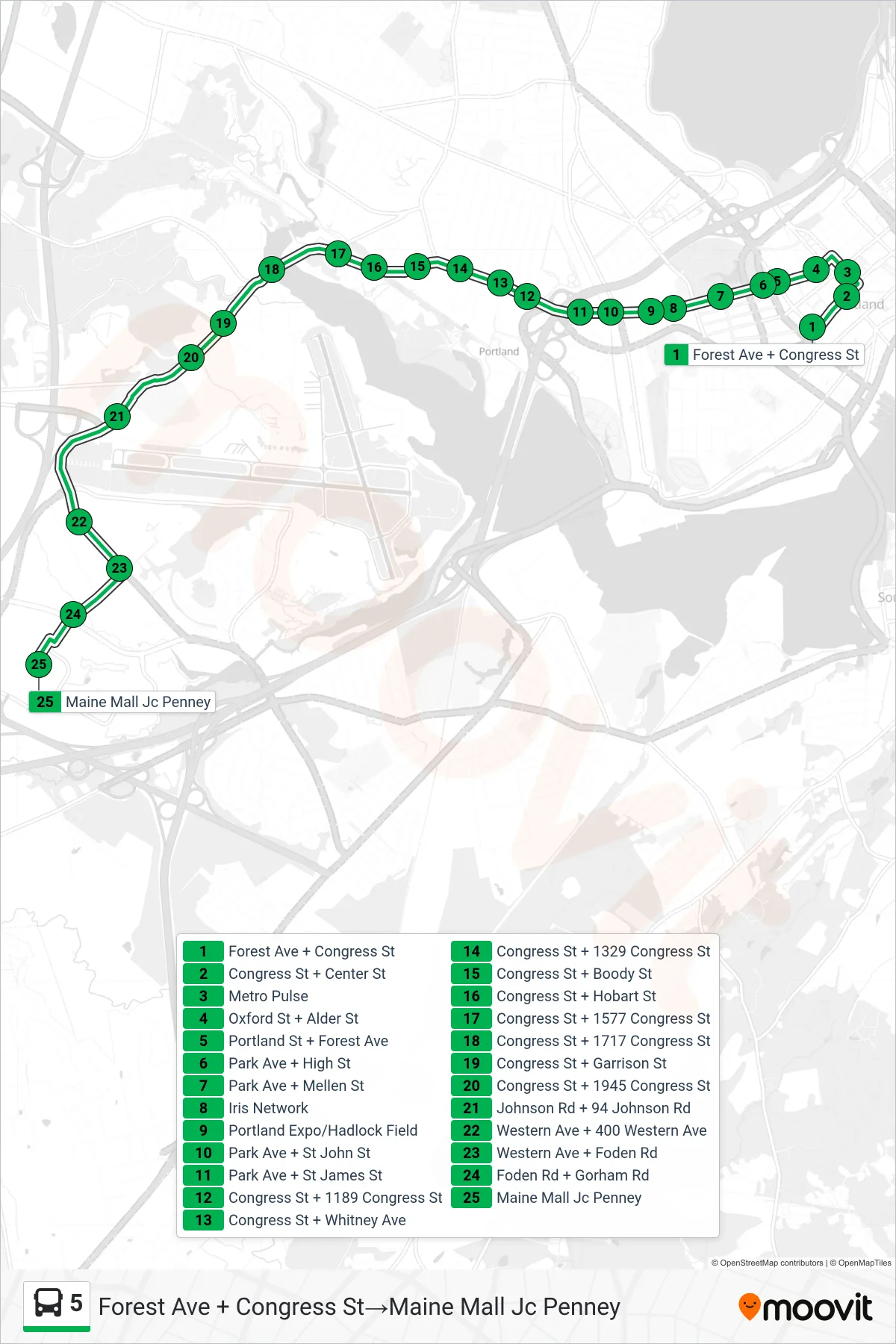 5 bus Line (Forest Ave + Congress St‎→Maine Mall Jc Penney) route and stops on a map