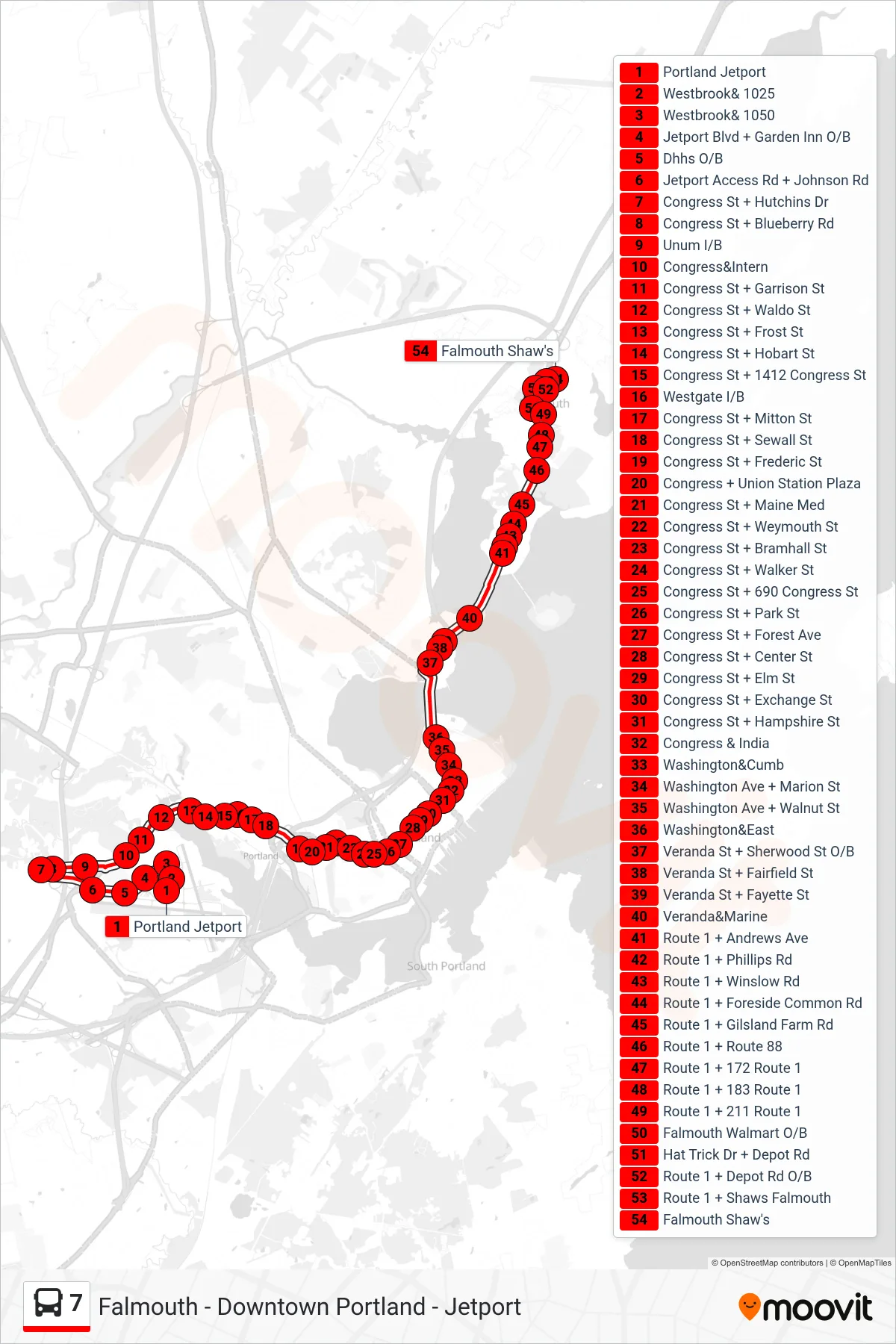 7 bus Line (Portland Jetport→Falmouth Shaw's) route and stops on a map