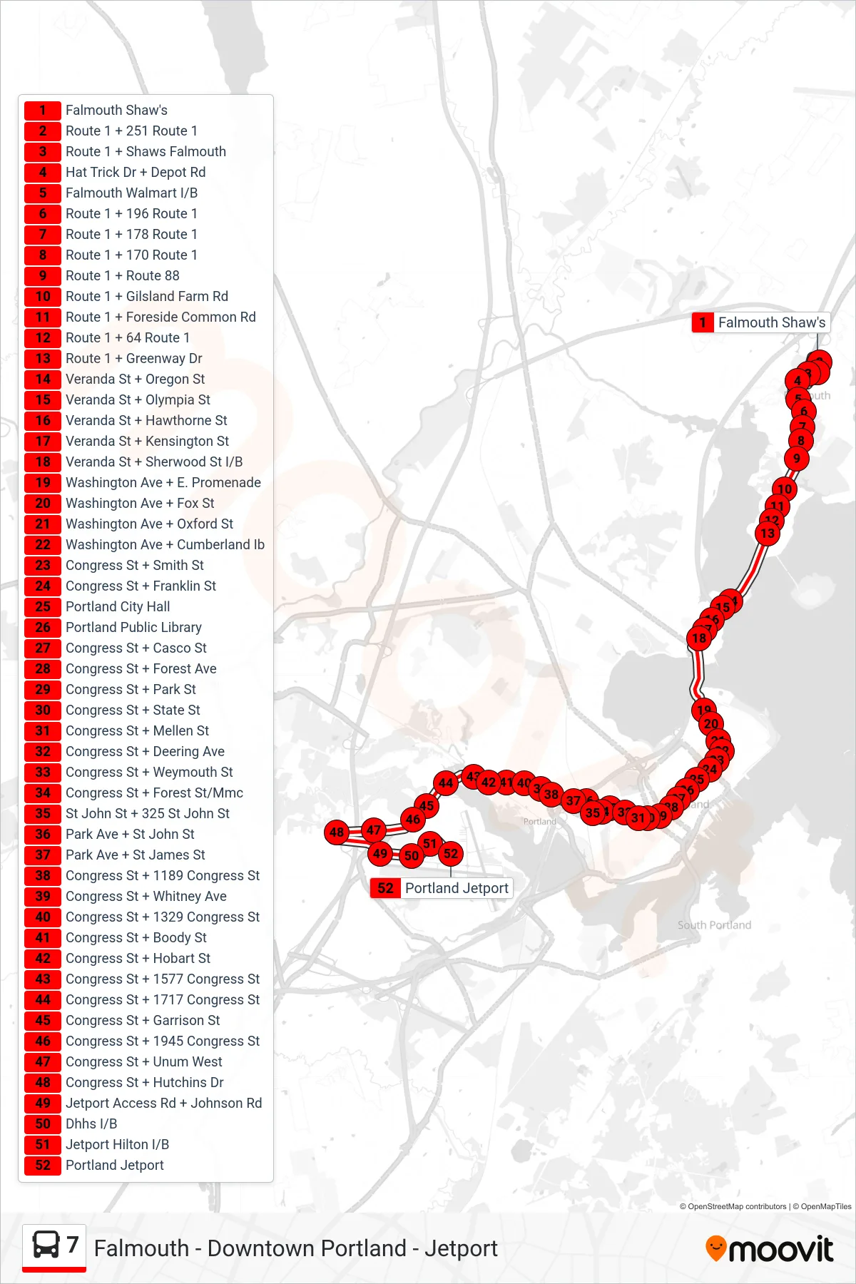 7 bus Line (Falmouth Shaw's→Portland Jetport) route and stops on a map