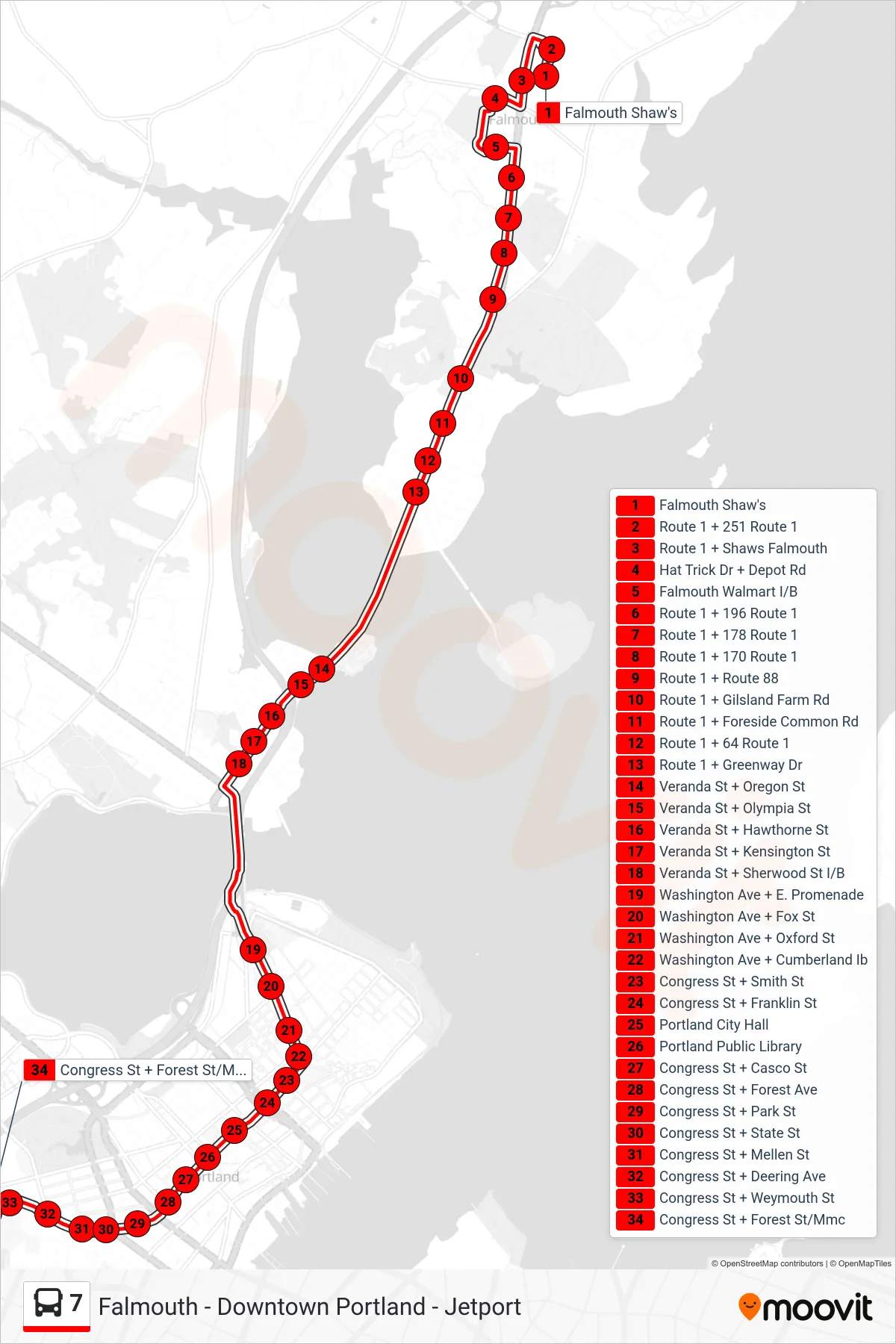 7 bus Line (Falmouth Shaw's→Congress St + Forest St/Mmc) route and stops on a map