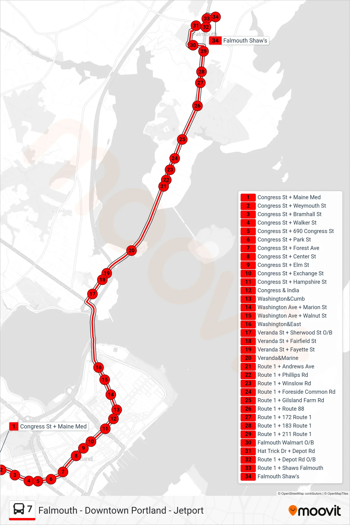 7 bus Line (Congress St + Maine Med→Falmouth Shaw's) route and stops on a map