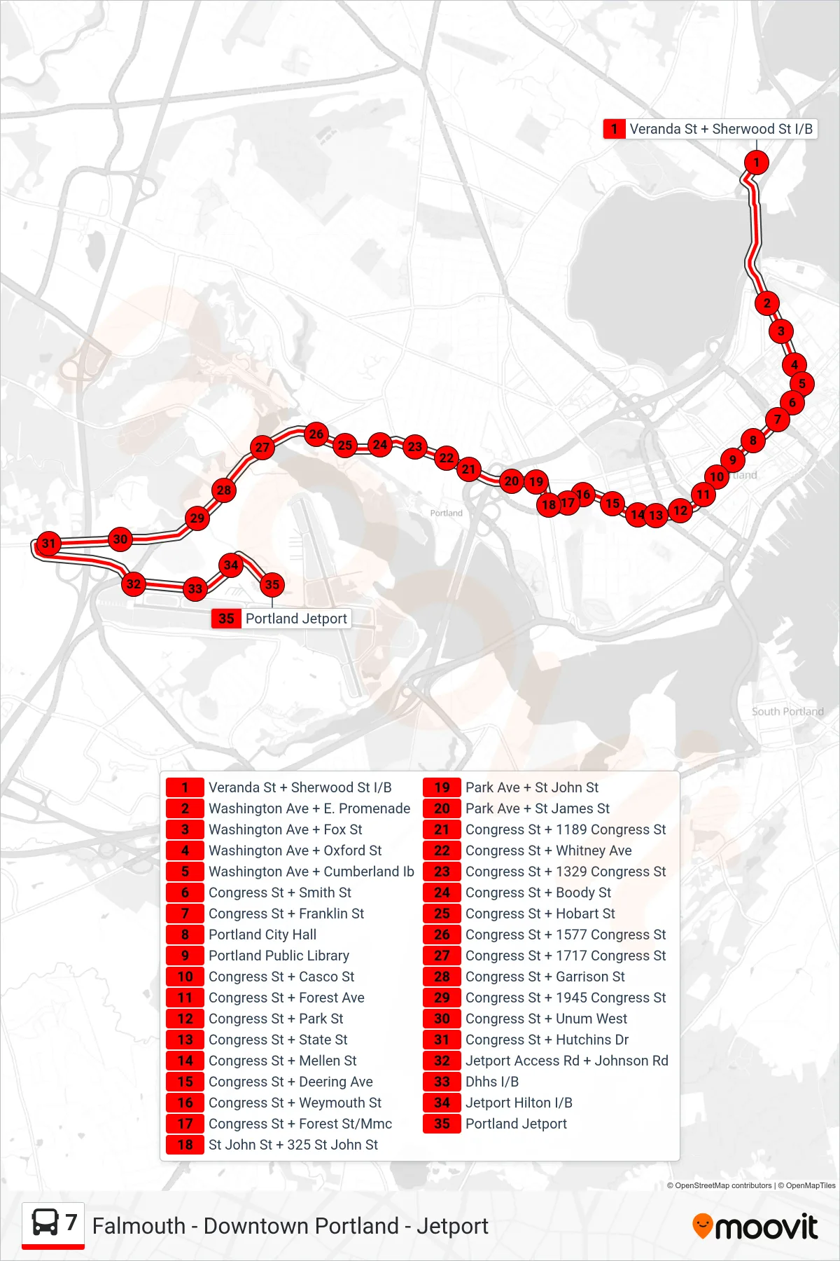 7 bus Line (Veranda St + Sherwood St I/B→Portland Jetport) route and stops on a map