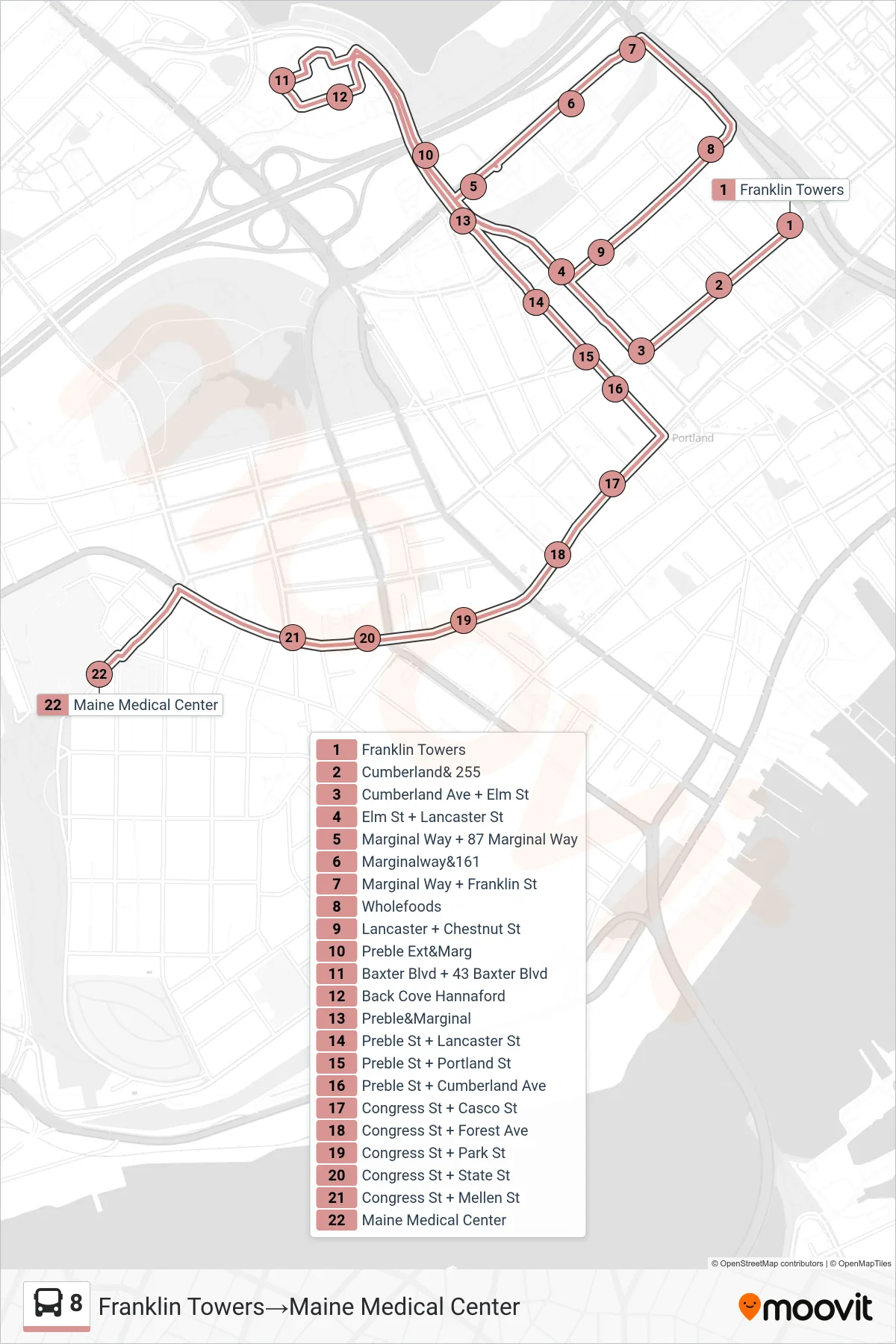 8 bus Line (Franklin Towers‎→Maine Medical Center) route and stops on a map