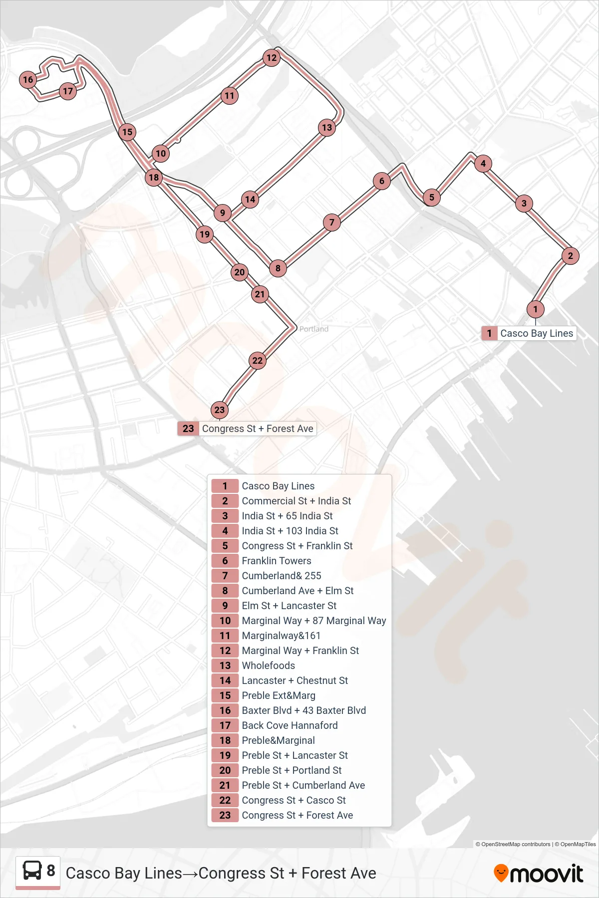 8 bus Line (Casco Bay Lines‎→Congress St + Forest Ave) route and stops on a map