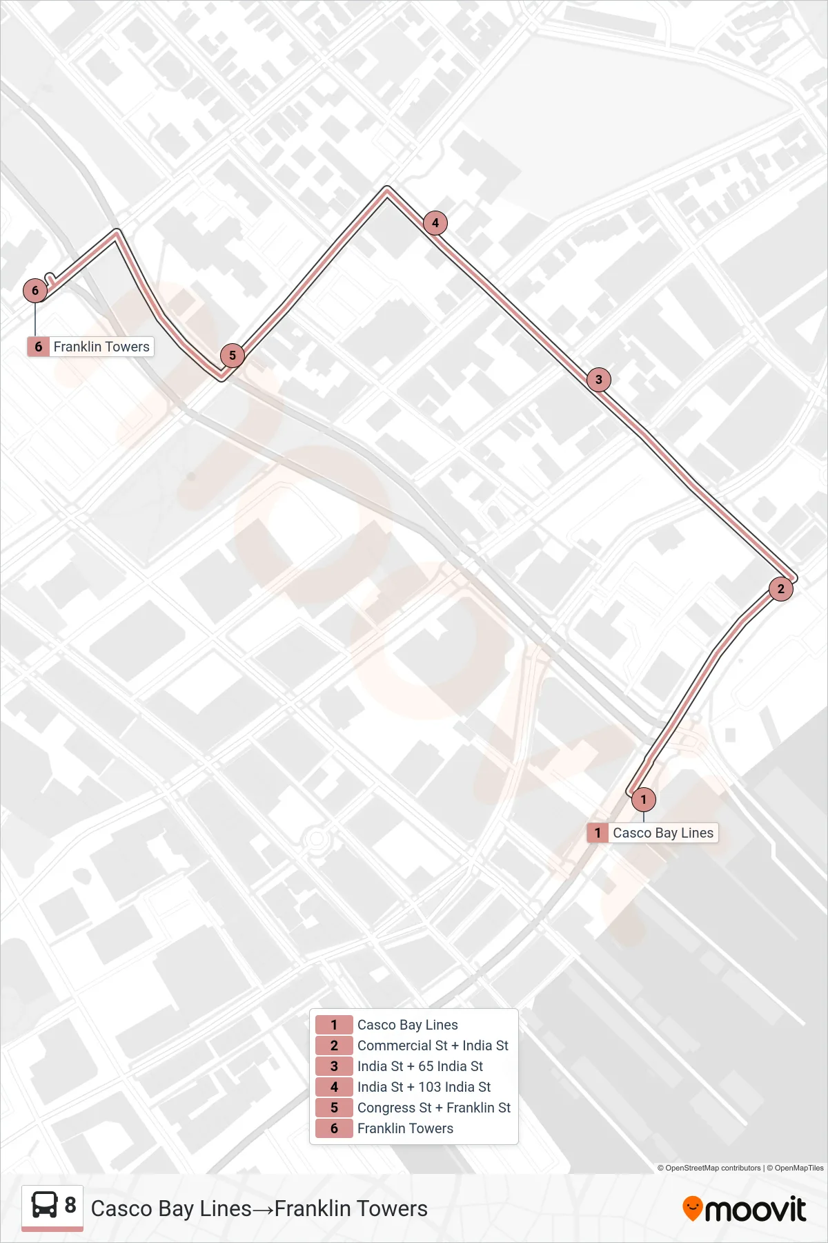 8 bus Line (Casco Bay Lines‎→Franklin Towers) route and stops on a map