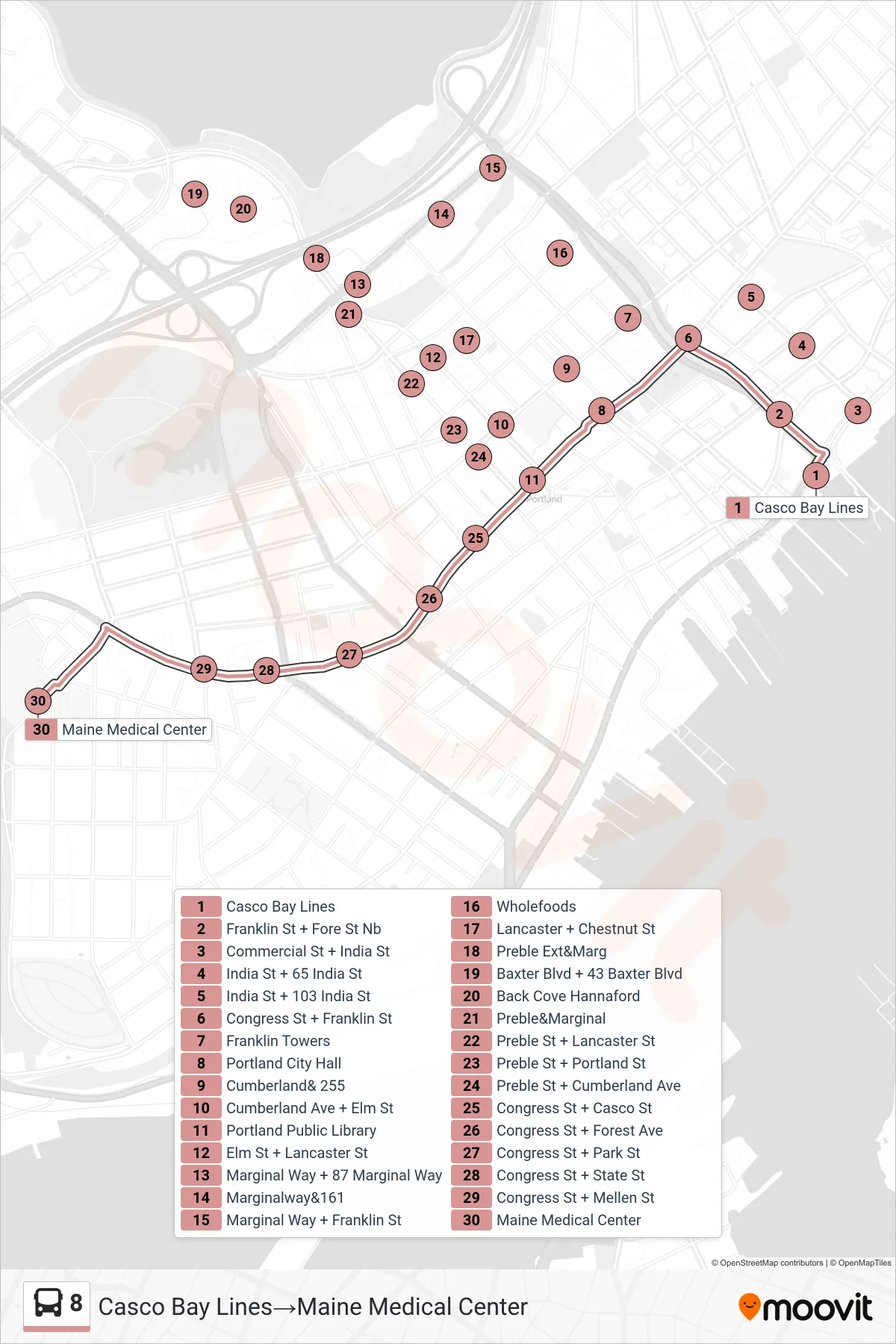 8 bus Line (Casco Bay Lines‎→Maine Medical Center) route and stops on a map