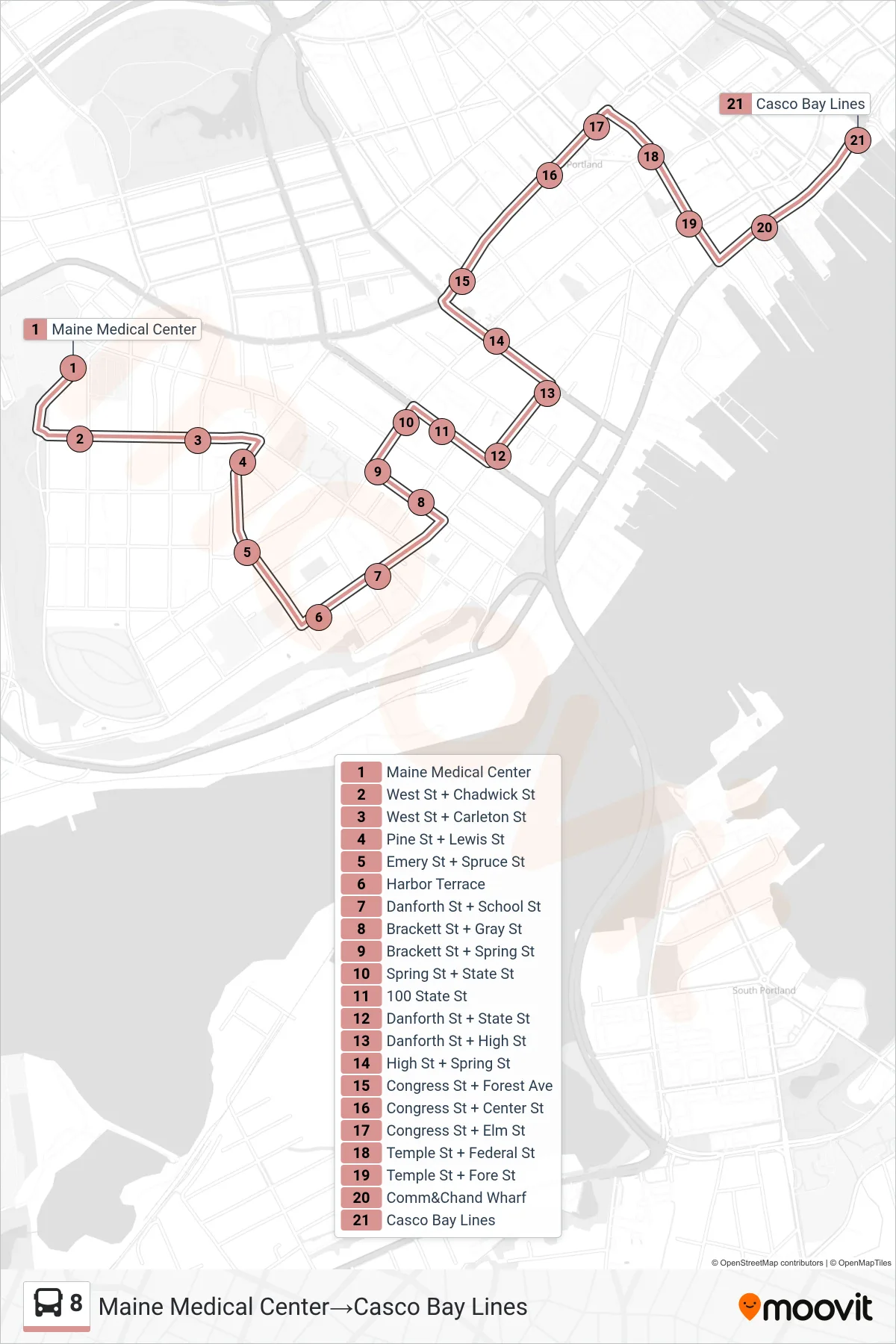 8 bus Line (Maine Medical Center→Casco Bay Lines) route and stops on a map
