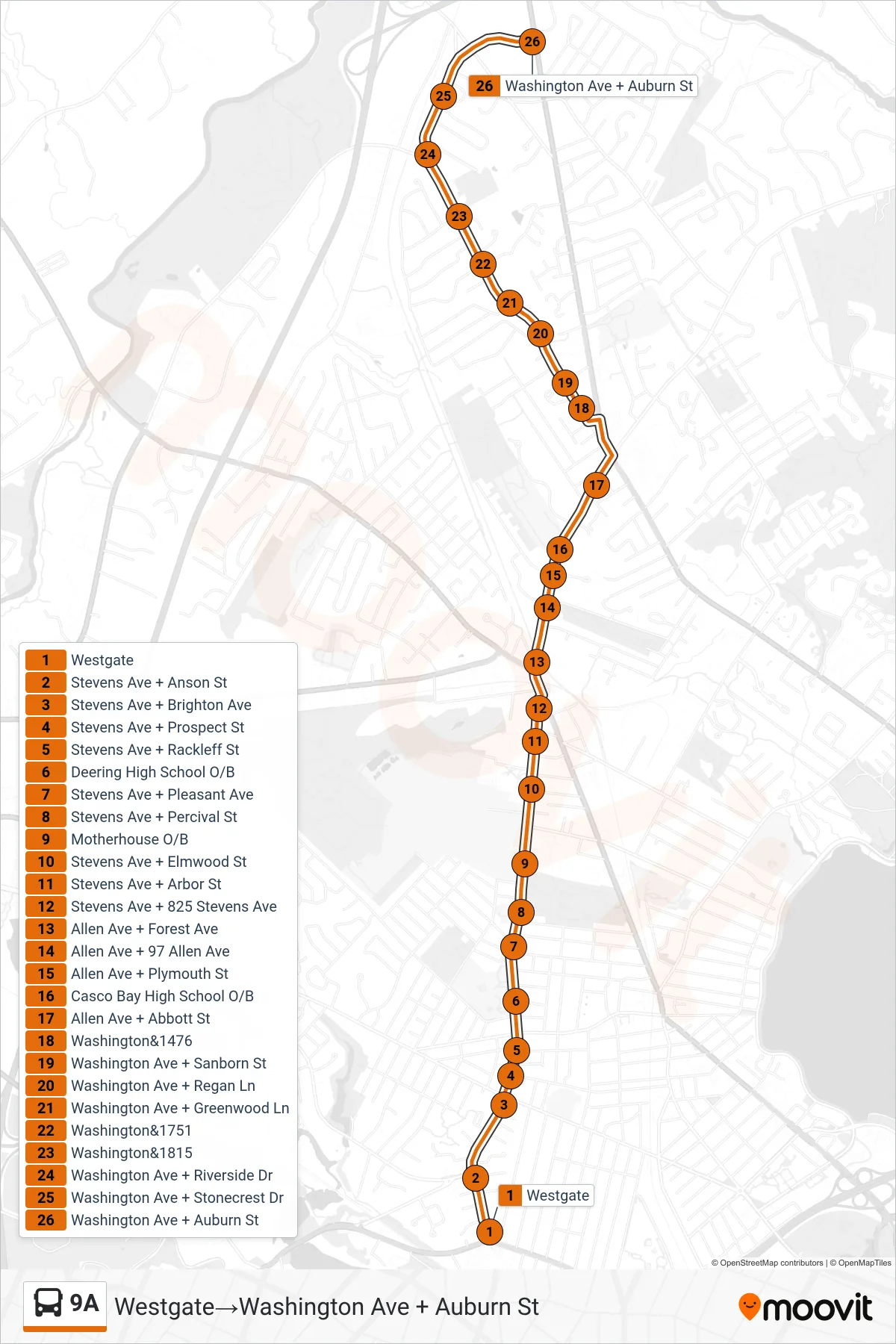 9A bus Line (Westgate‎→Washington Ave + Auburn St) route and stops on a map