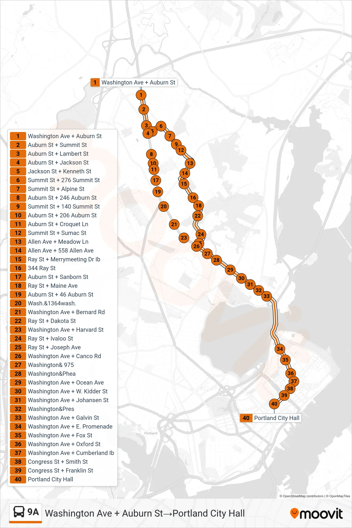 9A bus Line (Washington Ave + Auburn St→Portland City Hall) route and stops on a map
