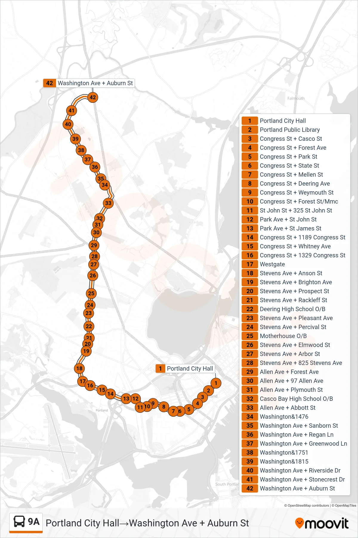 9A bus Line (Portland City Hall→Washington Ave + Auburn St) route and stops on a map