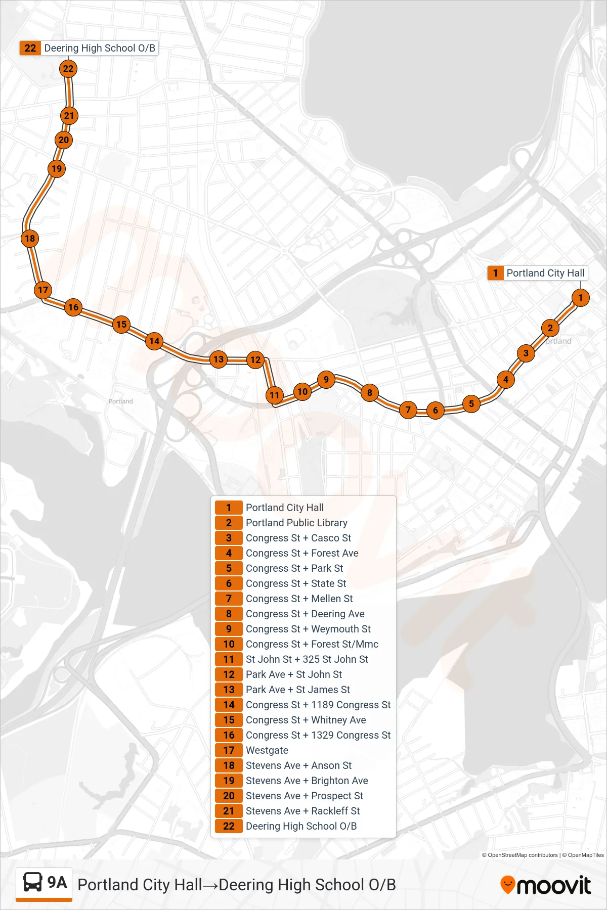 9A bus Line (Portland City Hall→Deering High School O/B) route and stops on a map