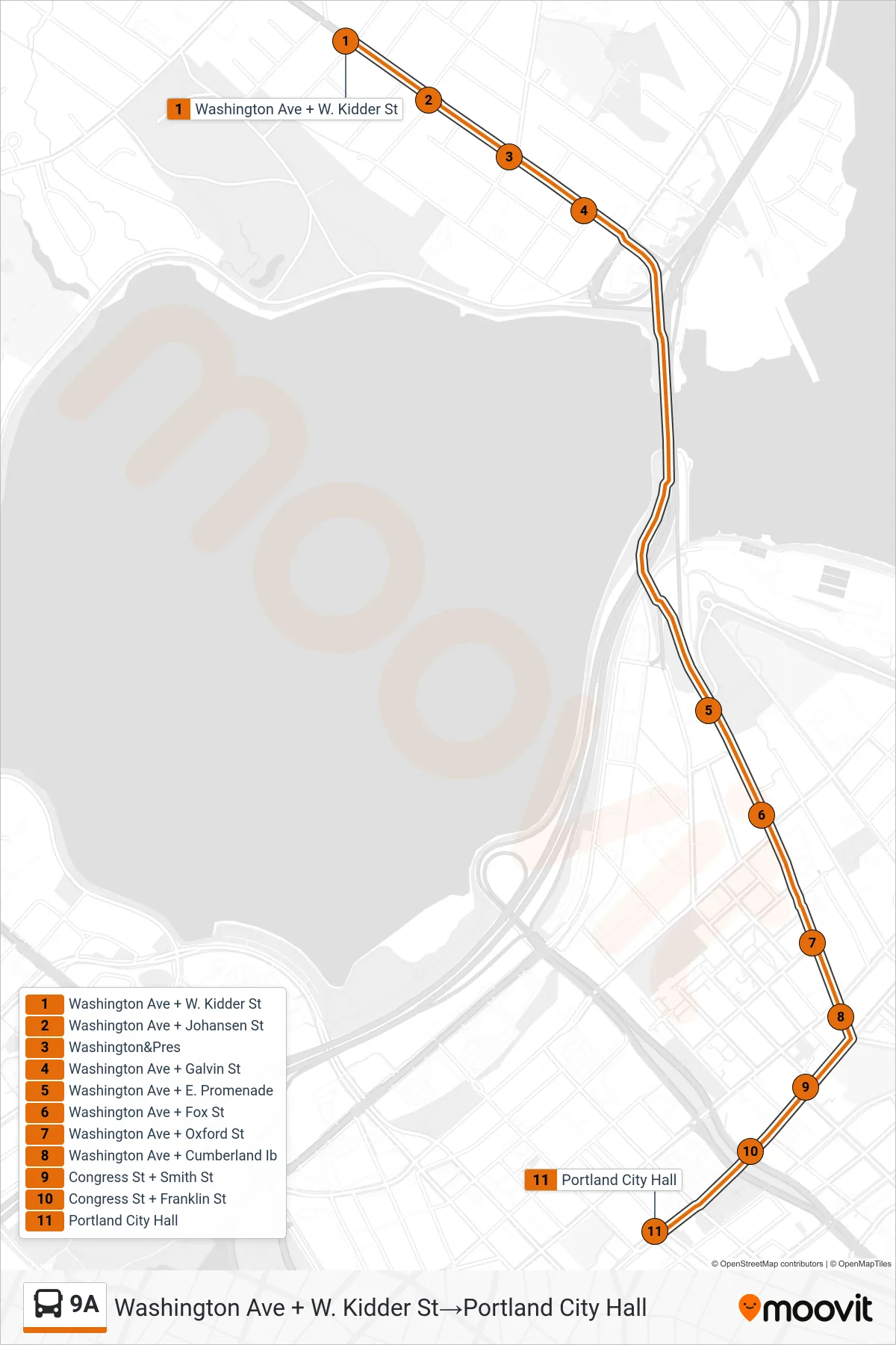 9A bus Line (Washington Ave + W. Kidder St→Portland City Hall) route and stops on a map