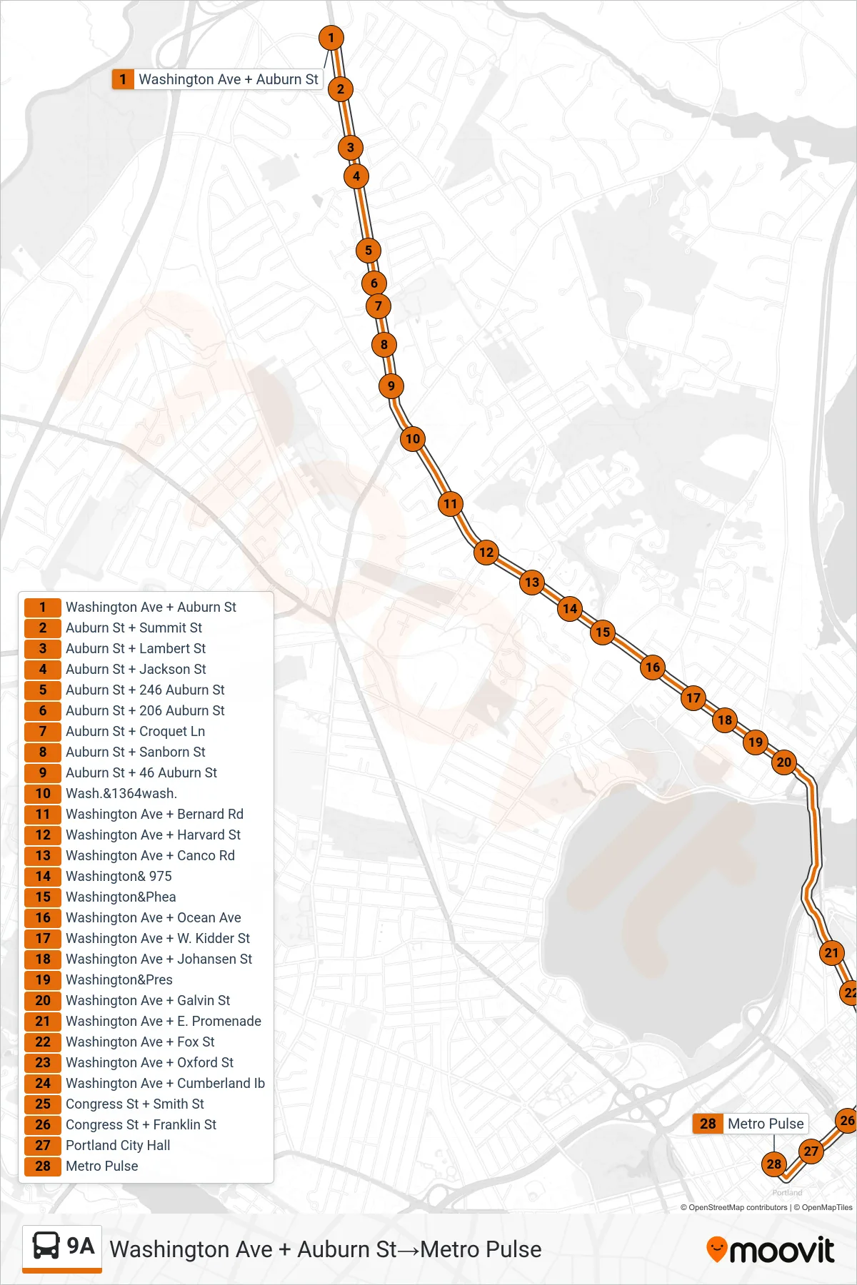9A bus Line (Washington Ave + Auburn St‎→Metro Pulse) route and stops on a map