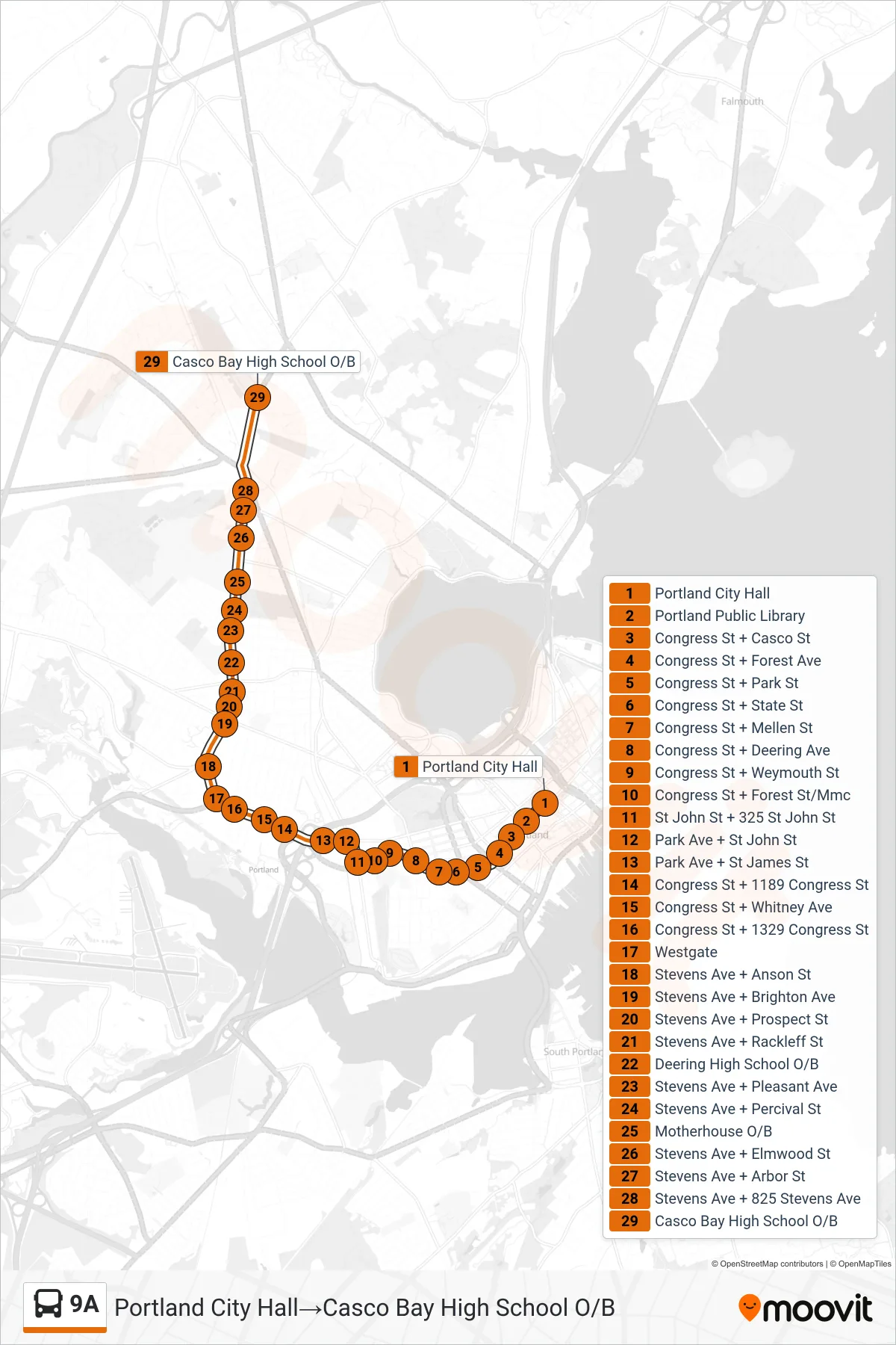 9A bus Line (Portland City Hall→Casco Bay High School O/B) route and stops on a map
