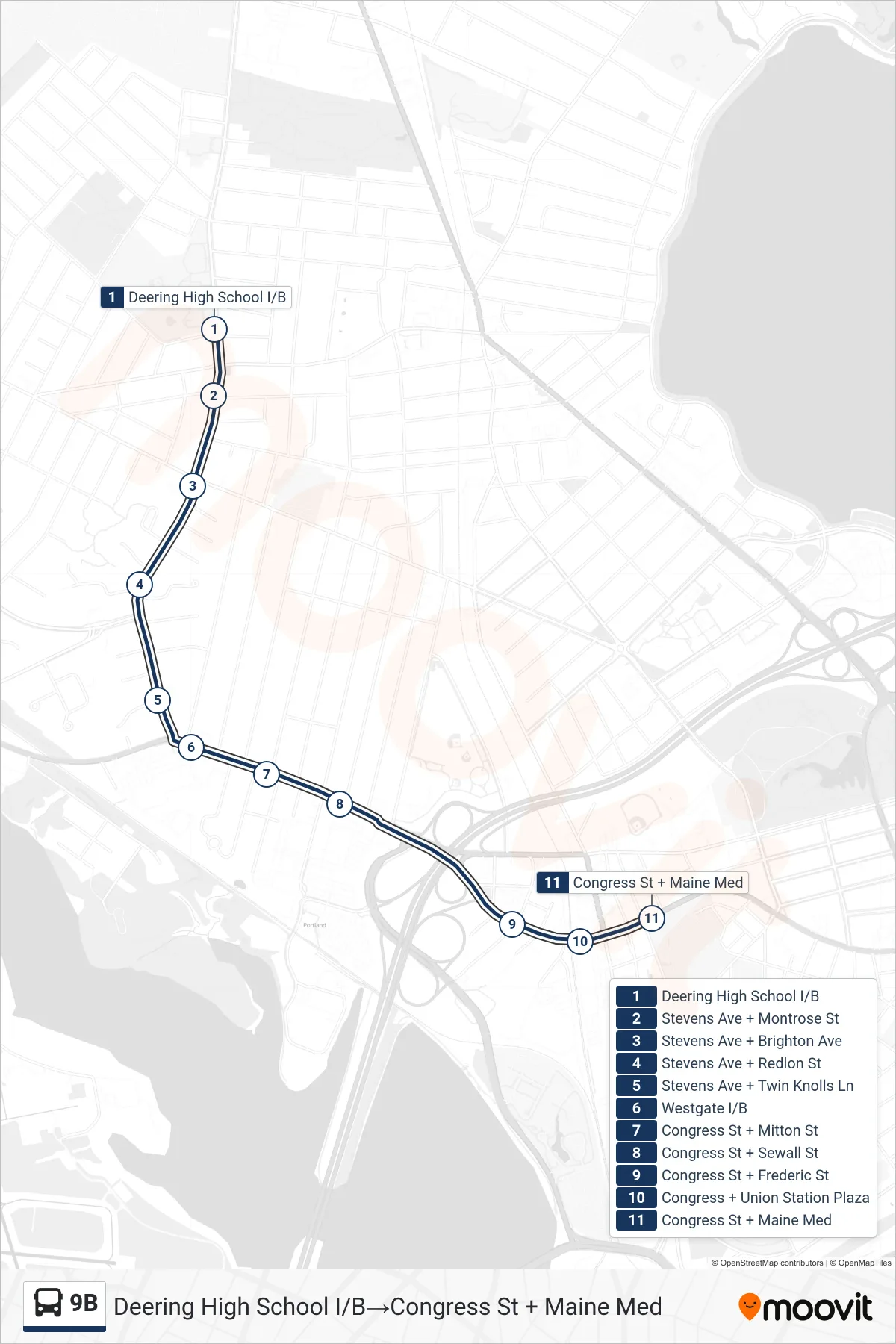 9B bus Line (Deering High School I/B→Congress St + Maine Med) route and stops on a map