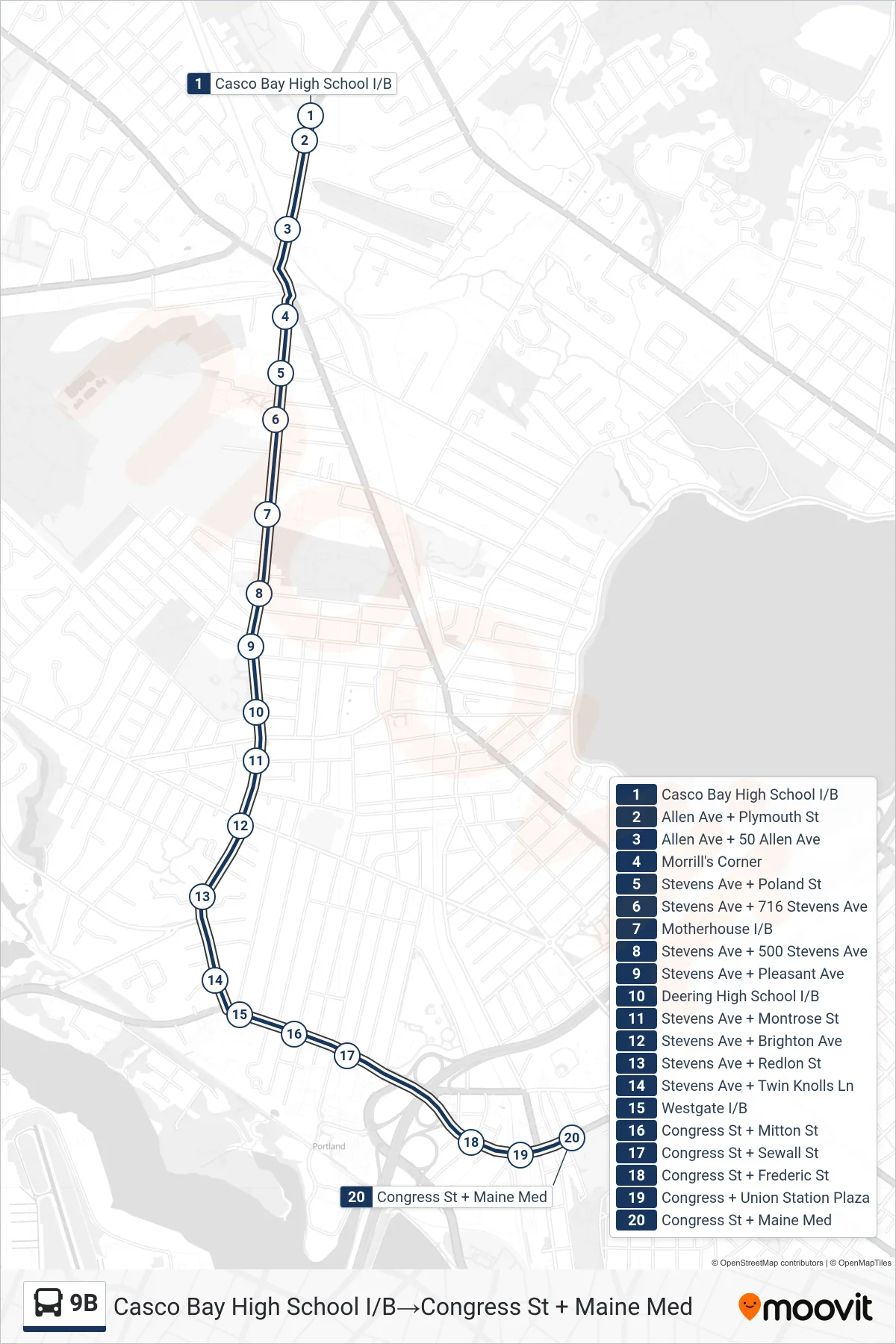9B bus Line (Casco Bay High School I/B→Congress St + Maine Med) route and stops on a map