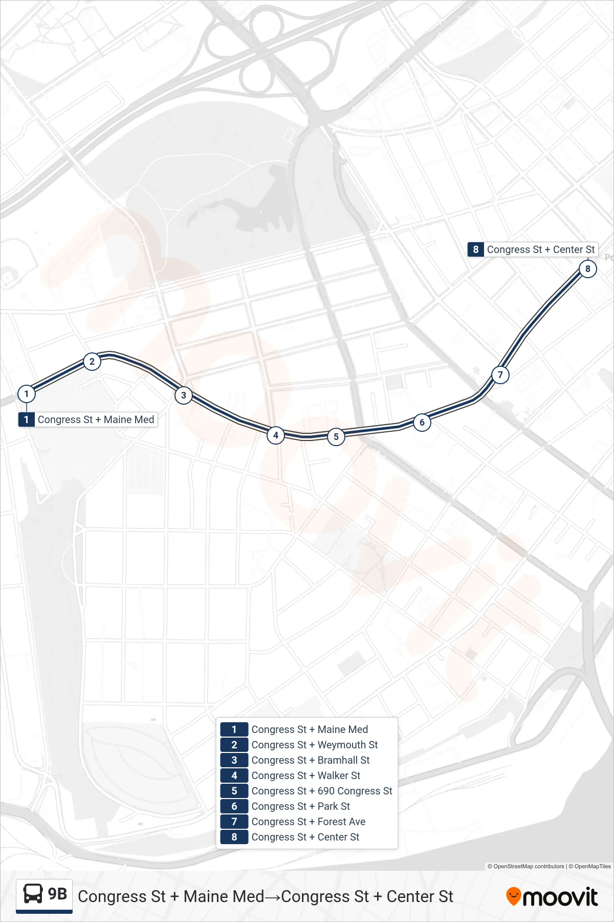 9B bus Line (Congress St + Maine Med→Congress St + Center St) route and stops on a map